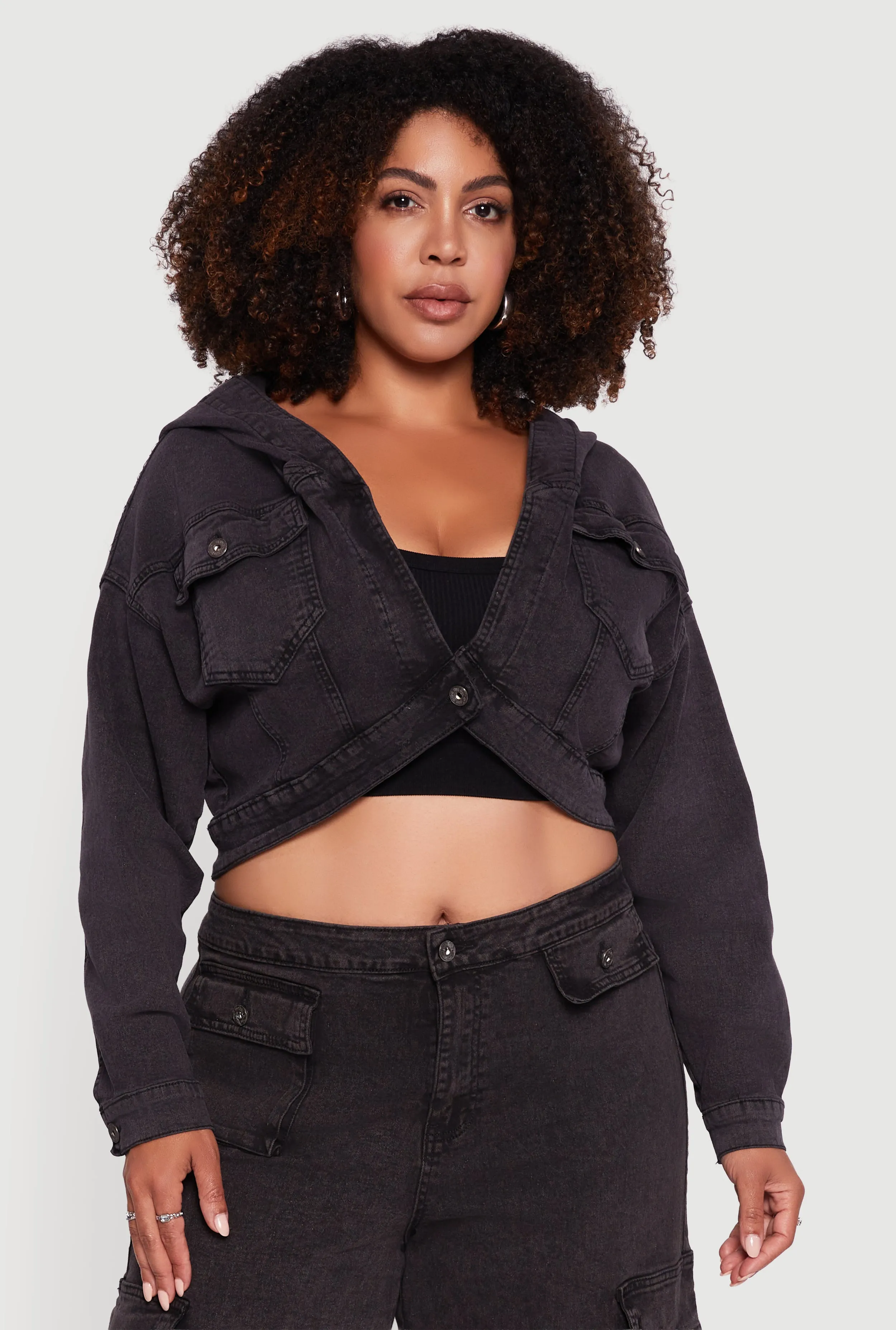 Plus Size Mineral Wash Cropped Hooded Denim Jacket sold by Rainbow