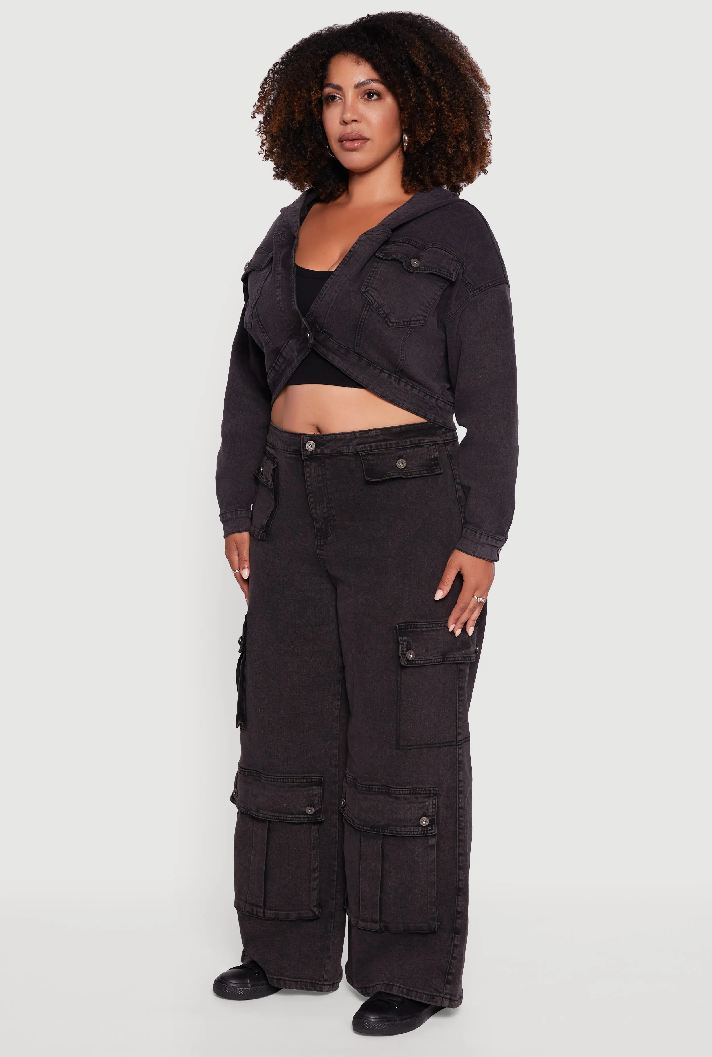 Plus Size Mineral Wash Cropped Hooded Denim Jacket sold by Rainbow product image thumbnail 5