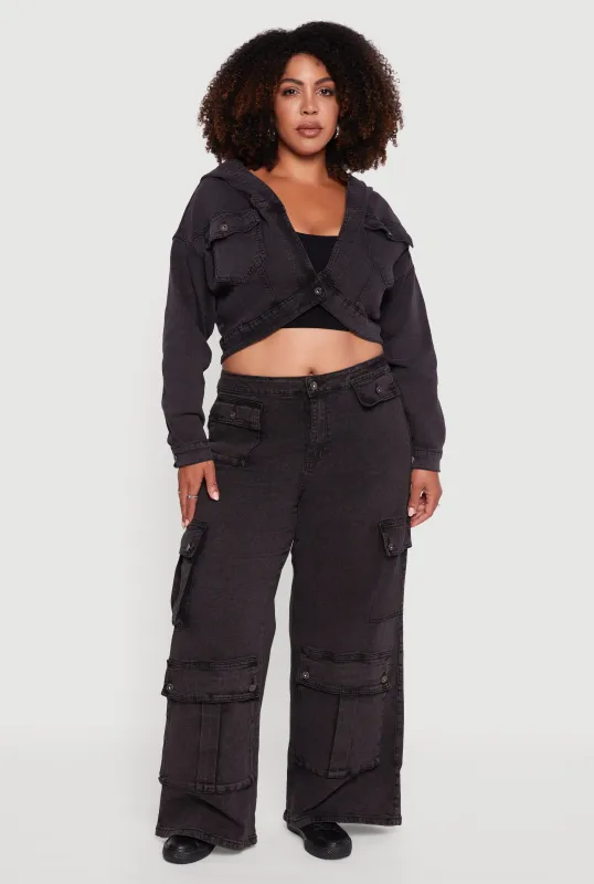 Plus Size Mineral Wash Wide Leg Utility Jeans sold by Rainbow