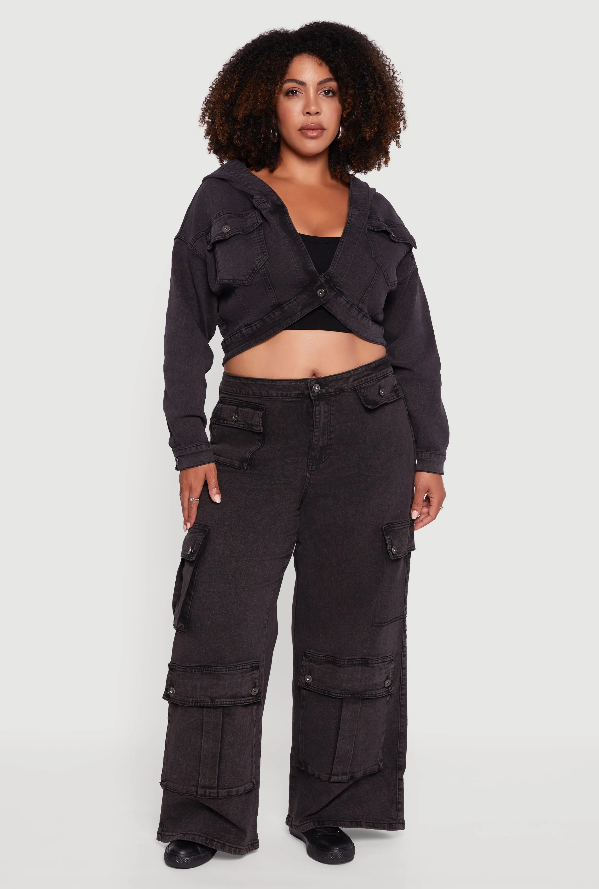 Plus Size Mineral Wash Wide Leg Utility Jeans sold by Rainbow