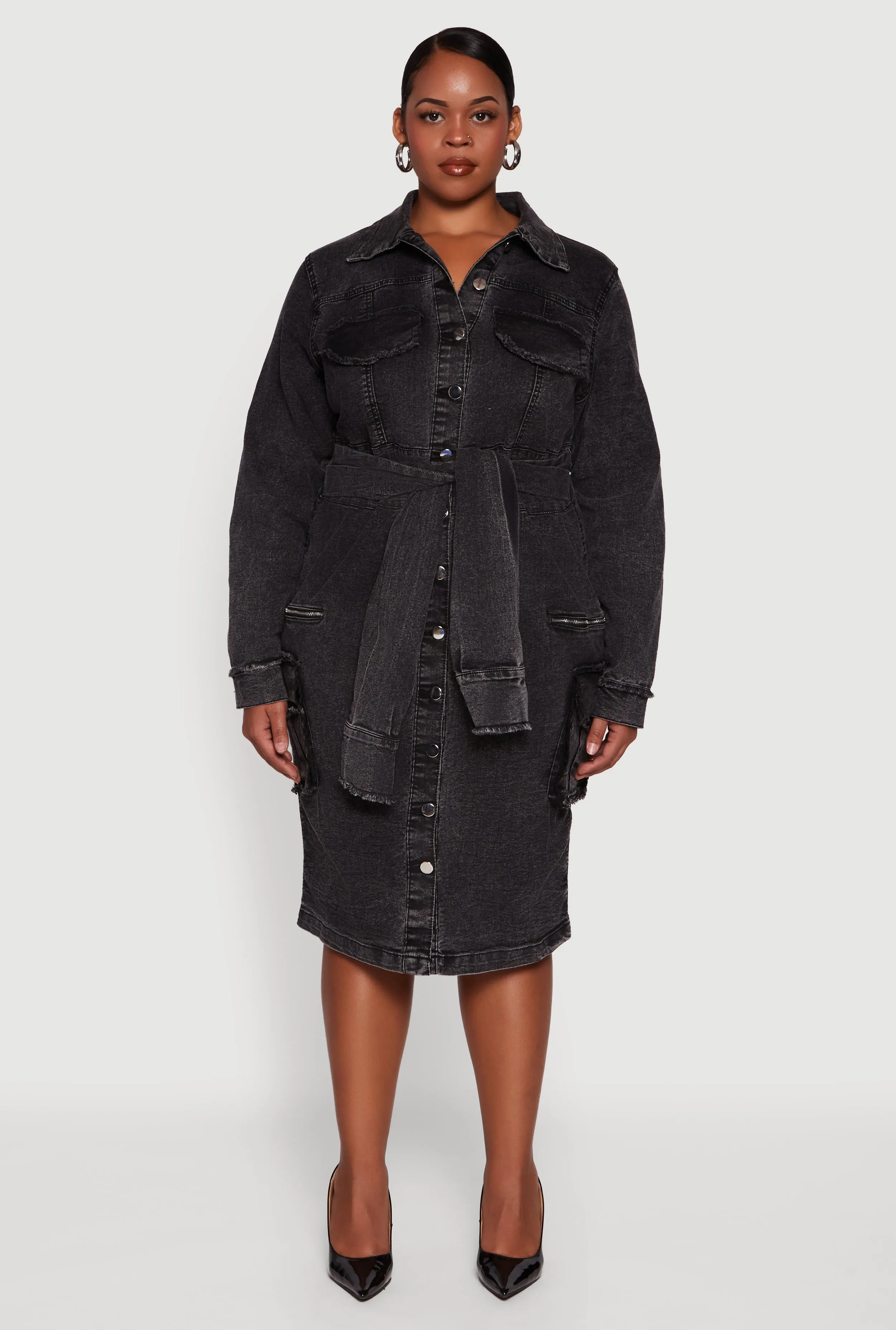 Plus Size Denim Frayed Tie Front Shirt Dress sold by Rainbow product image thumbnail 2
