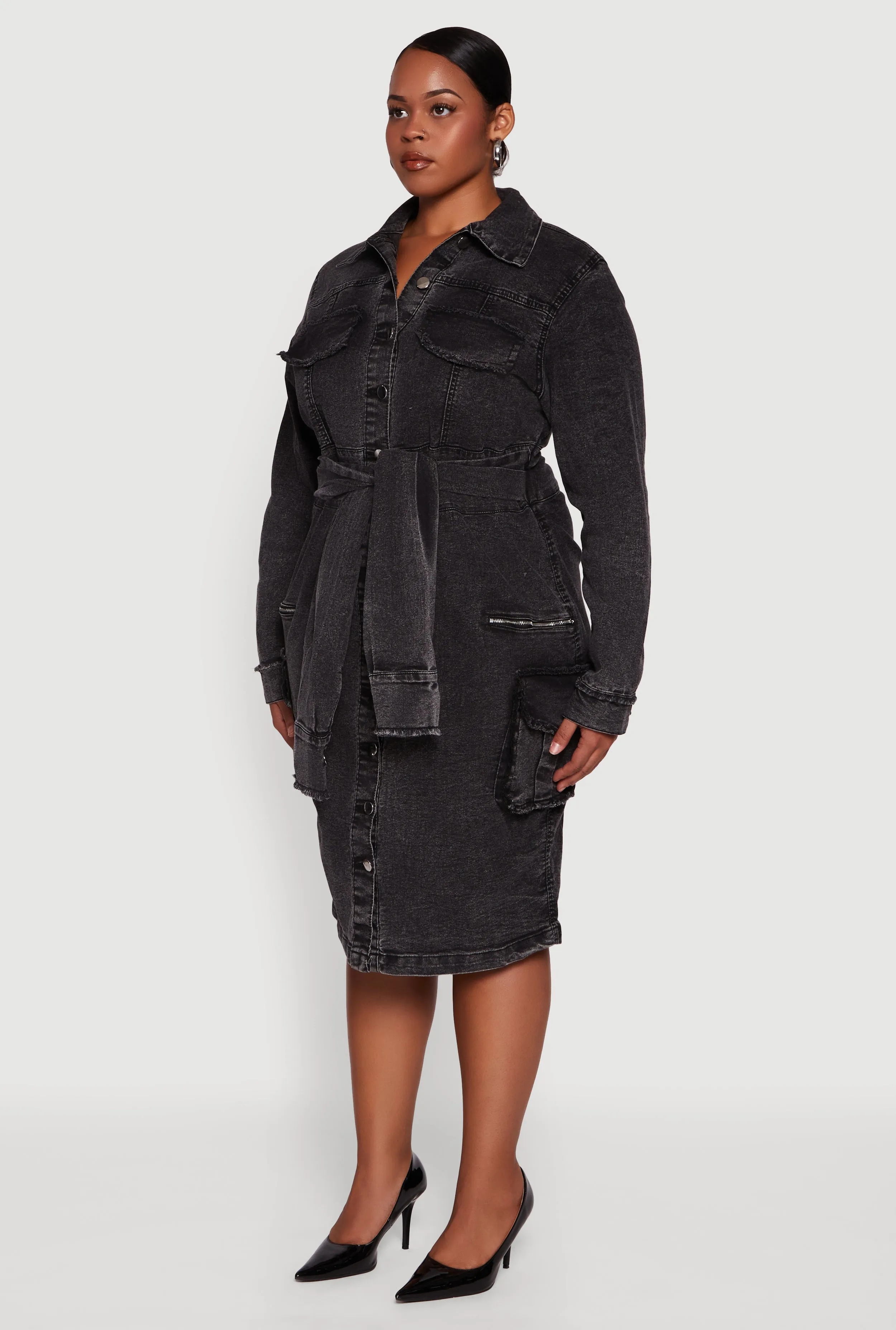 Plus Size Denim Frayed Tie Front Shirt Dress sold by Rainbow product image thumbnail 3