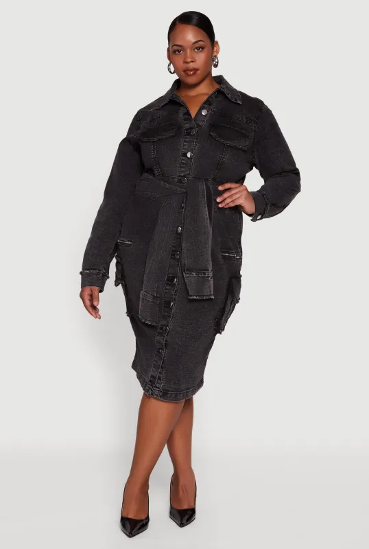 Plus Size Denim Frayed Tie Front Shirt Dress sold by Rainbow