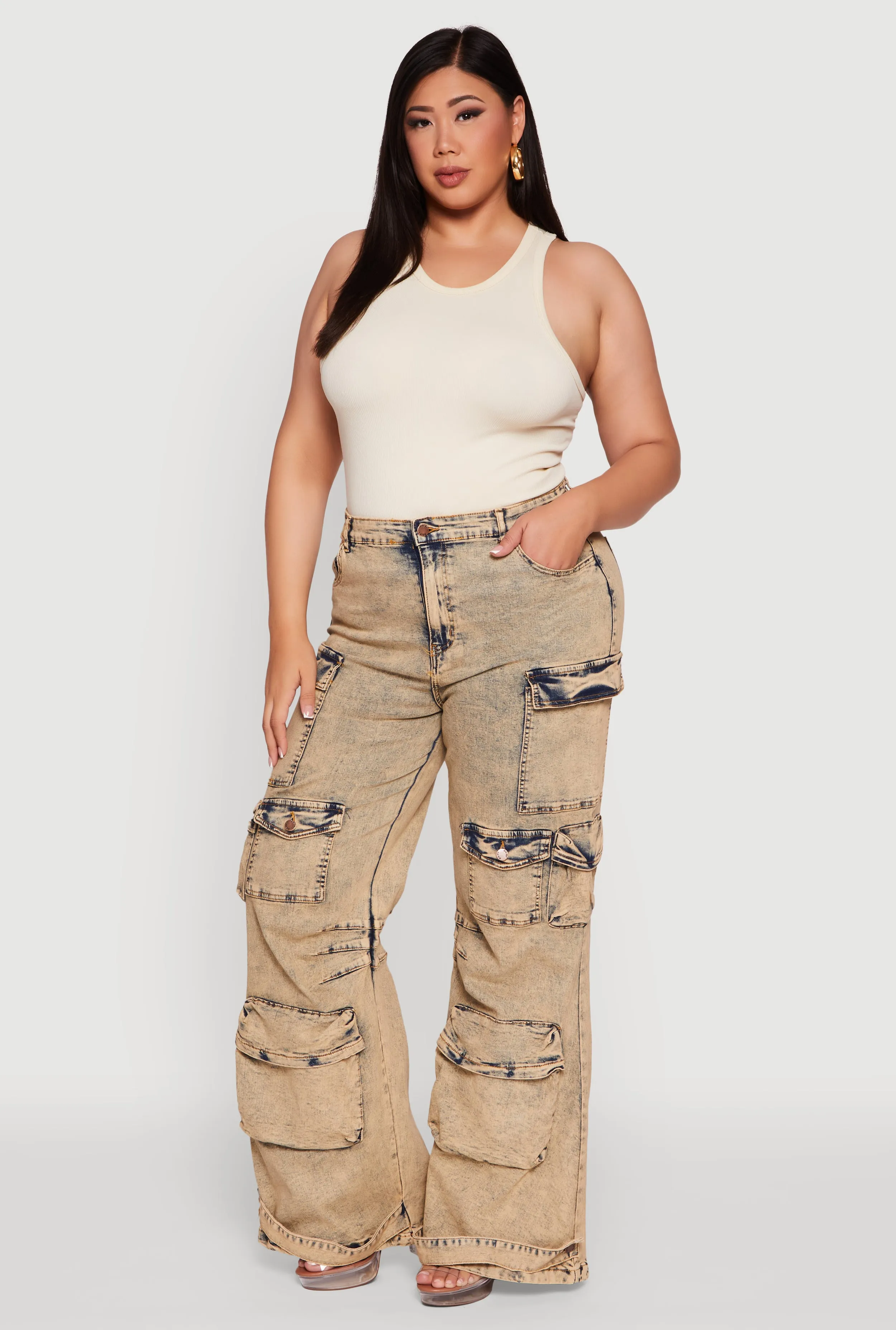 Plus Size Acid Wash High Waisted Wide Leg Utility Jeans sold by Rainbow product image thumbnail 3