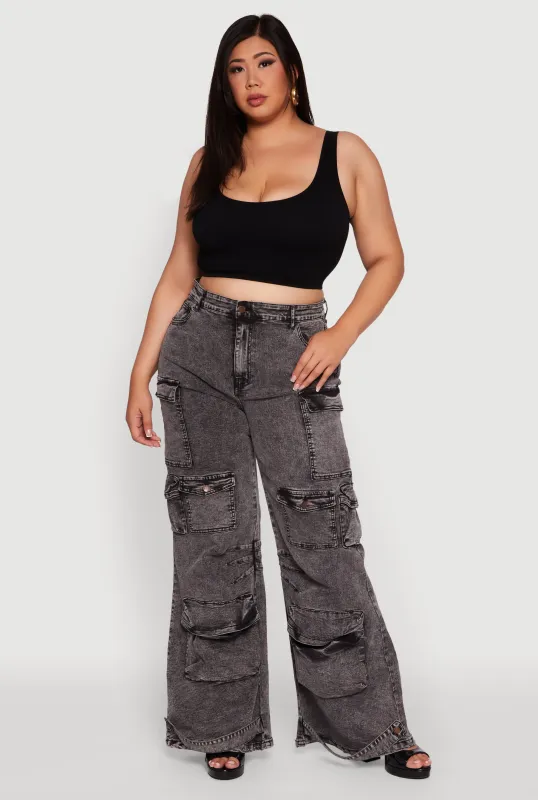 Plus Size Acid Wash High Waisted Wide Leg Utility Jeans sold by Rainbow