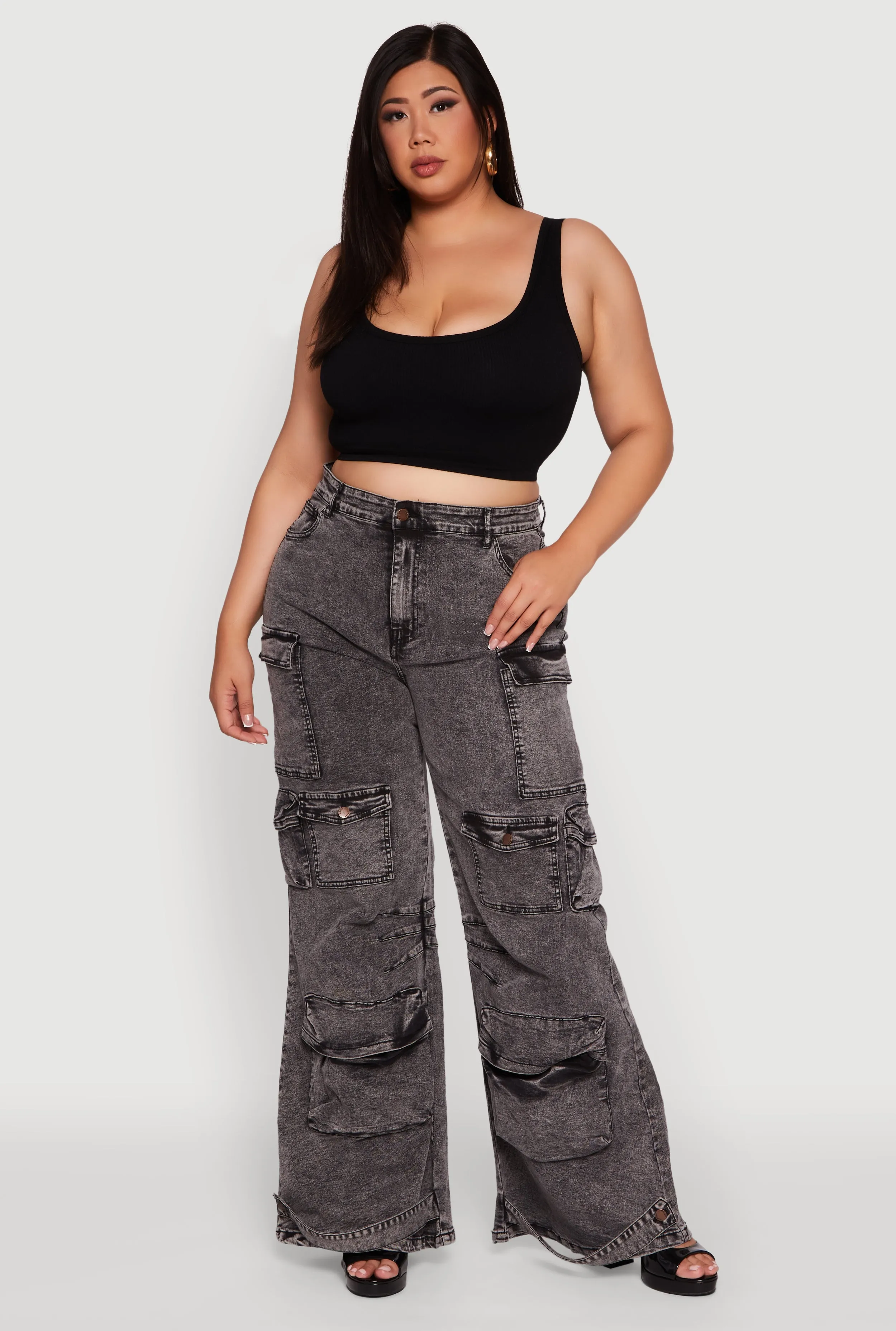 Plus Size Acid Wash High Waisted Wide Leg Utility Jeans sold by Rainbow