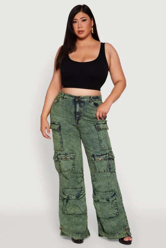 Plus Size Acid Wash High Waisted Wide Leg Utility Jeans sold by Rainbow