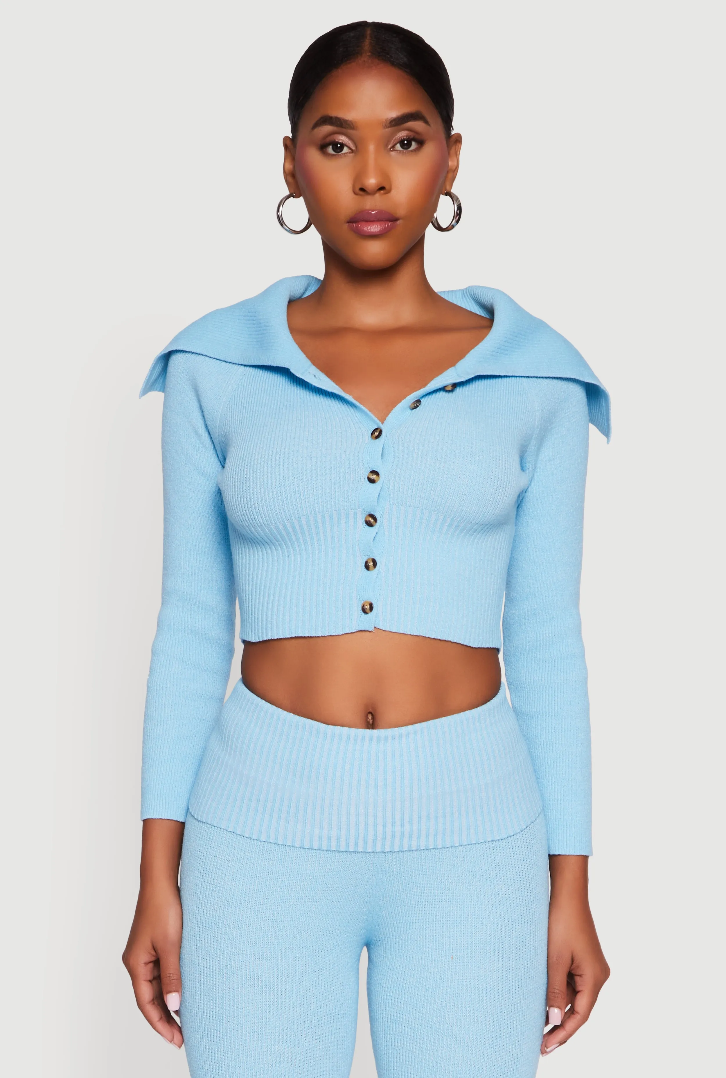 Fold Over Collar Ribbed Knit Button Front Sweater sold by Rainbow product image thumbnail 4