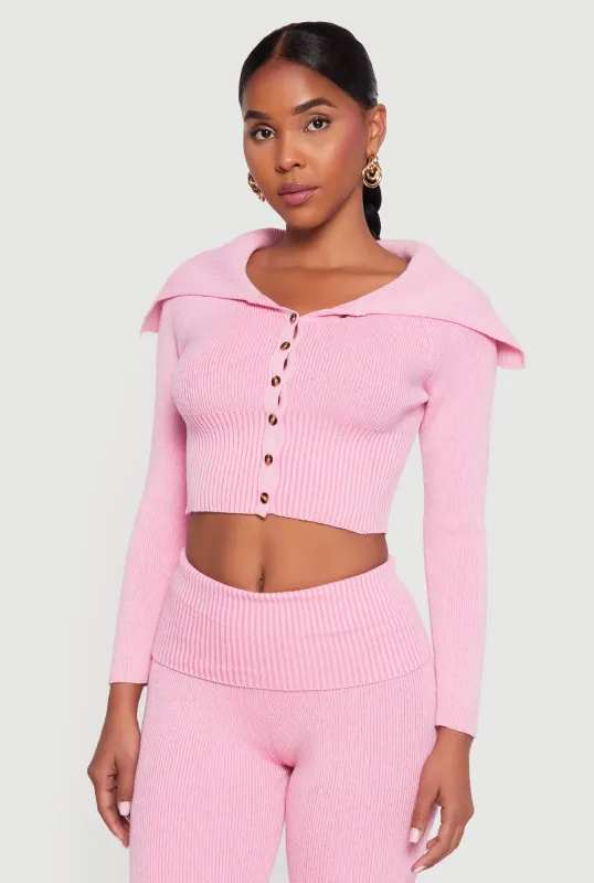 Fold Over Collar Ribbed Knit Button Front Sweater sold by Rainbow
