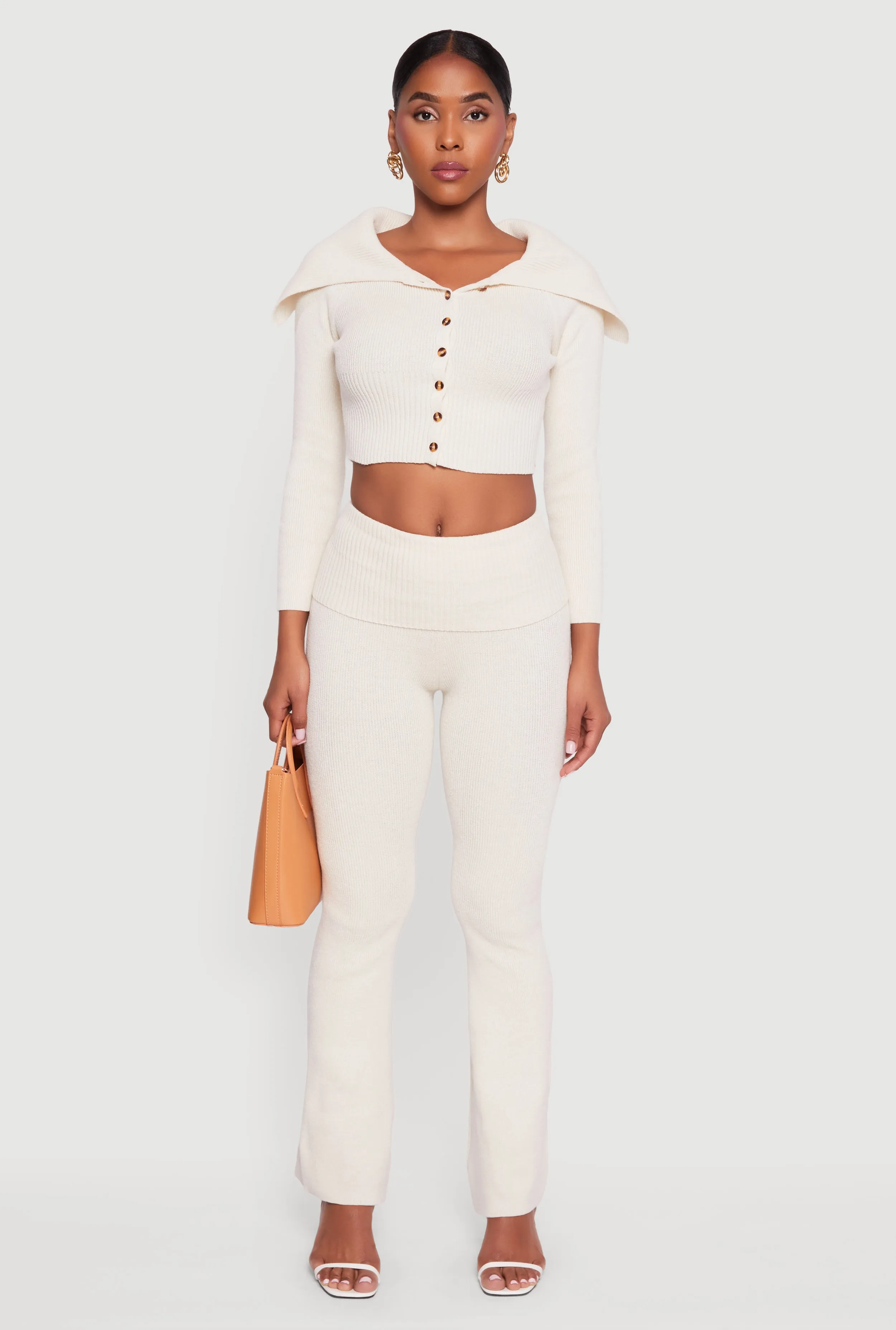 Fold Over Collar Ribbed Knit Button Front Sweater sold by Rainbow product image thumbnail 3