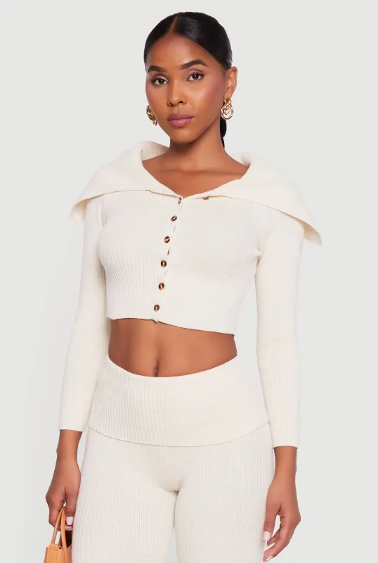 Fold Over Collar Ribbed Knit Button Front Sweater sold by Rainbow