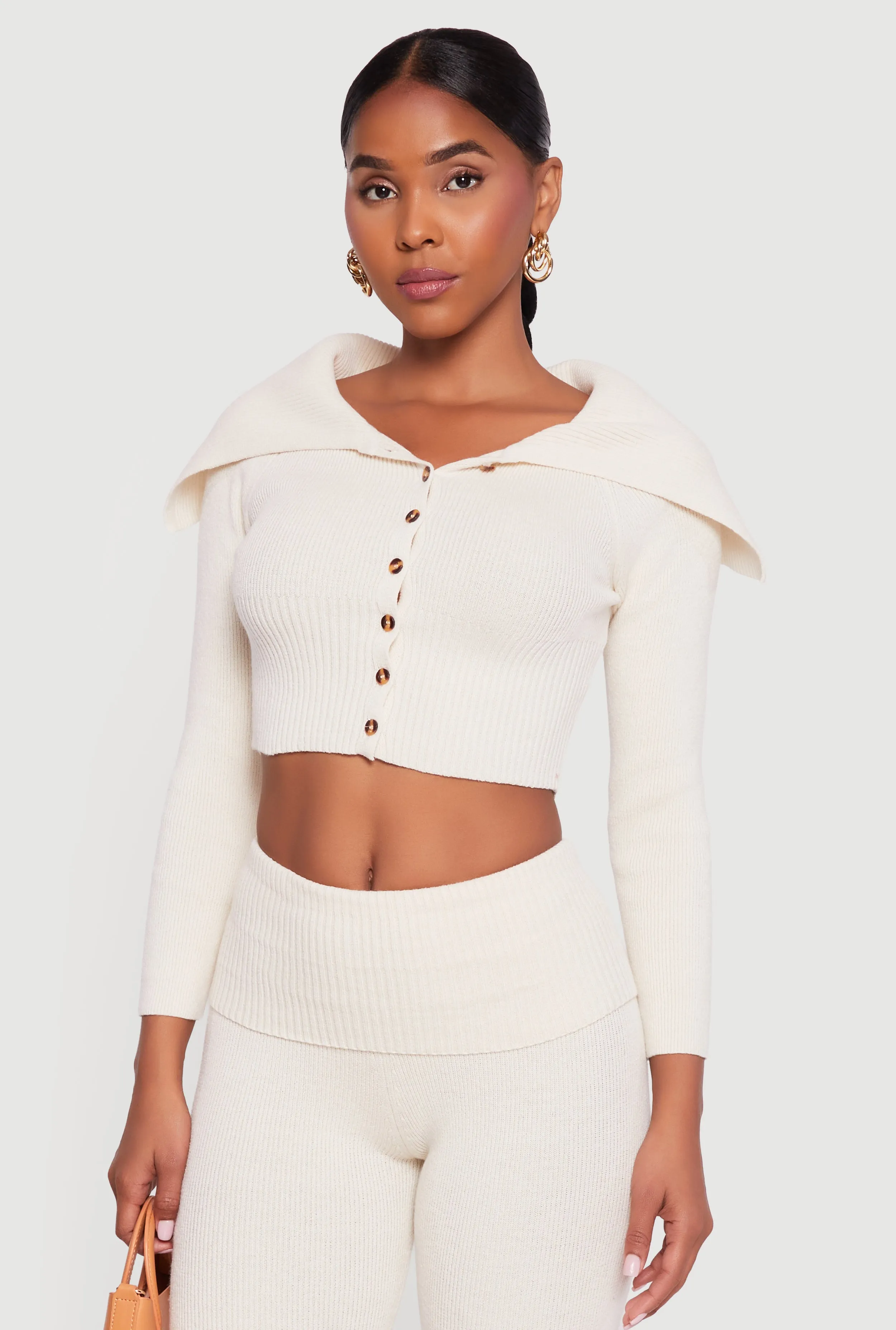 Fold Over Collar Ribbed Knit Button Front Sweater sold by Rainbow