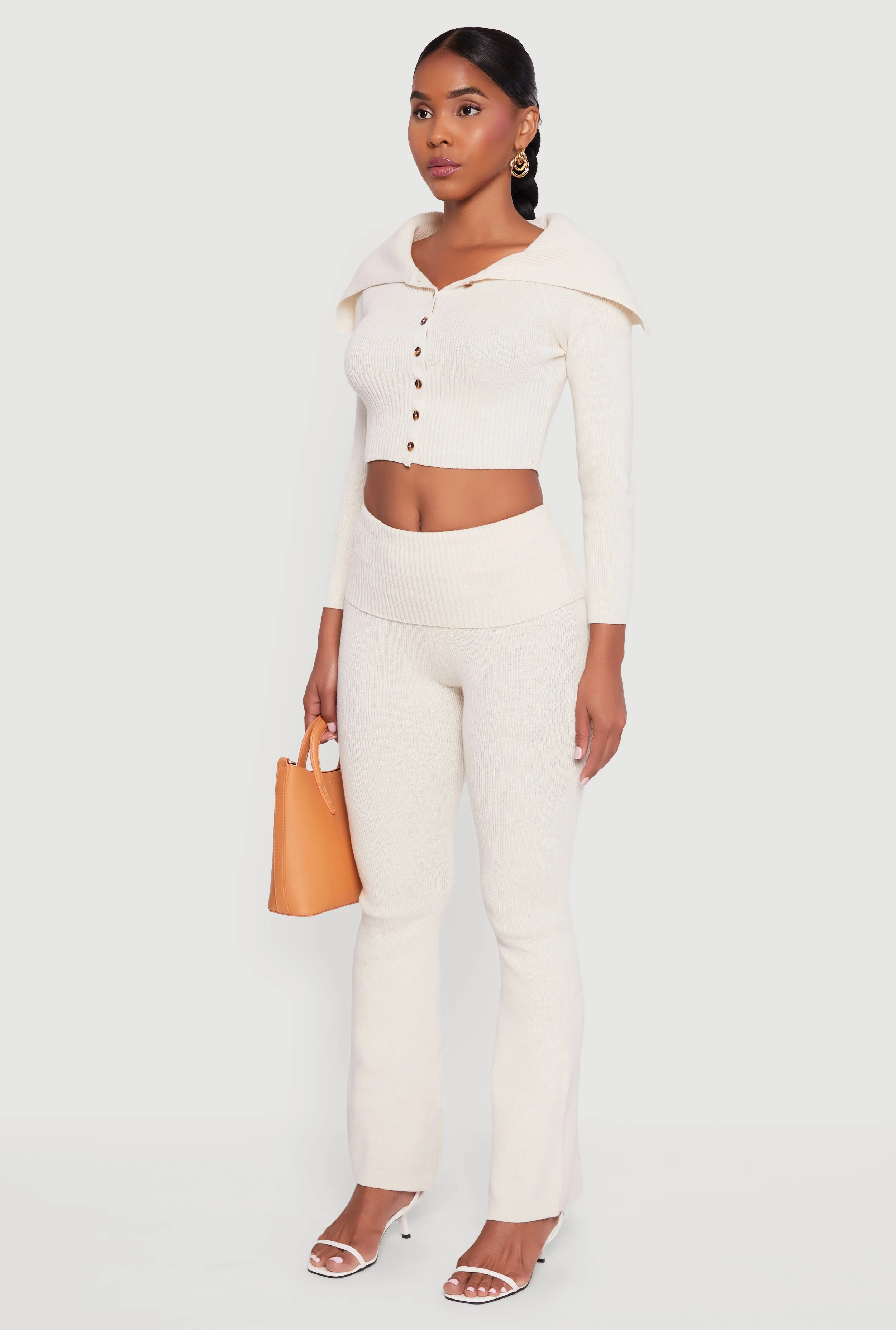 Fold Over Collar Ribbed Knit Button Front Sweater sold by Rainbow product image thumbnail 5