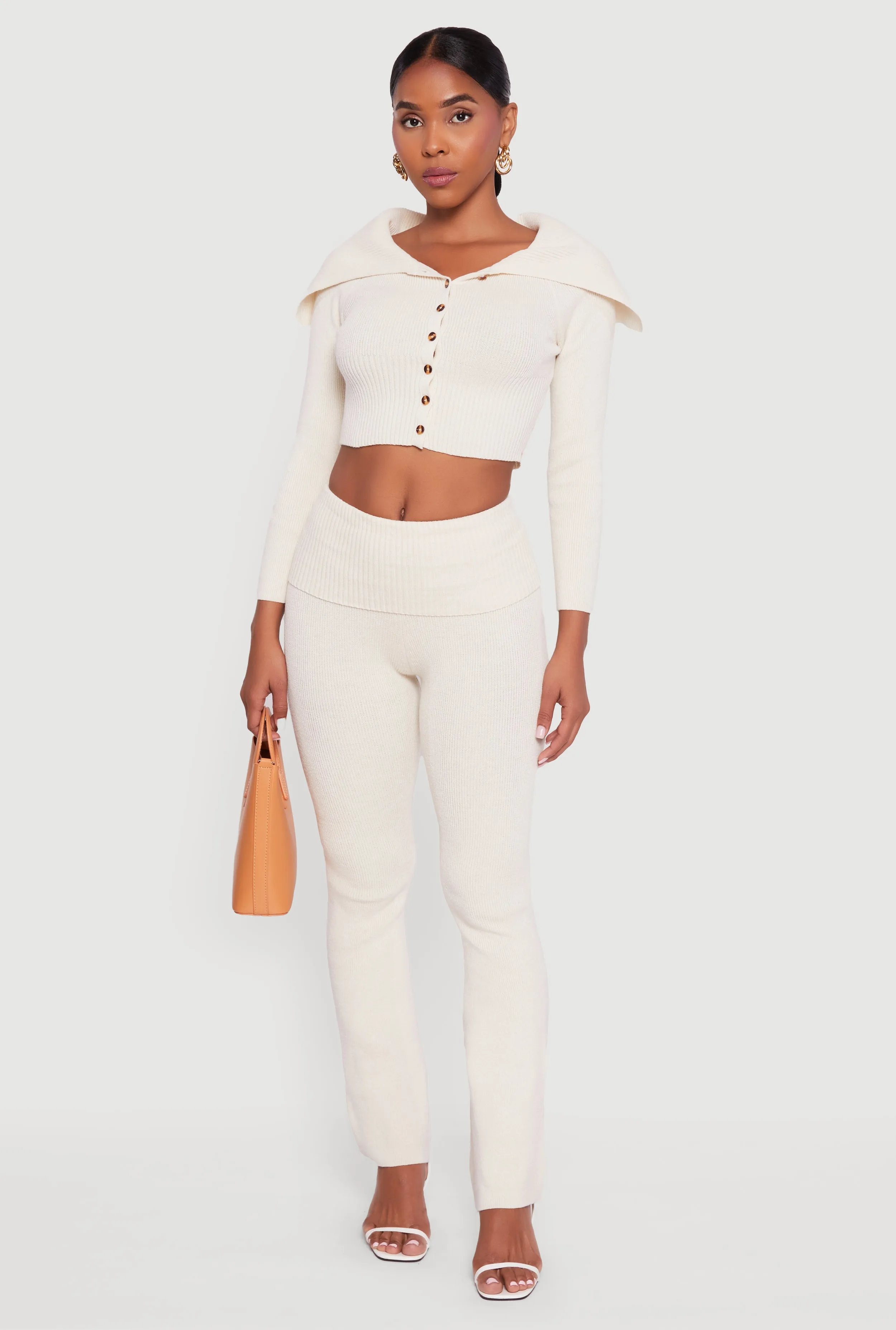 Fold Over Collar Ribbed Knit Button Front Sweater sold by Rainbow product image thumbnail 2