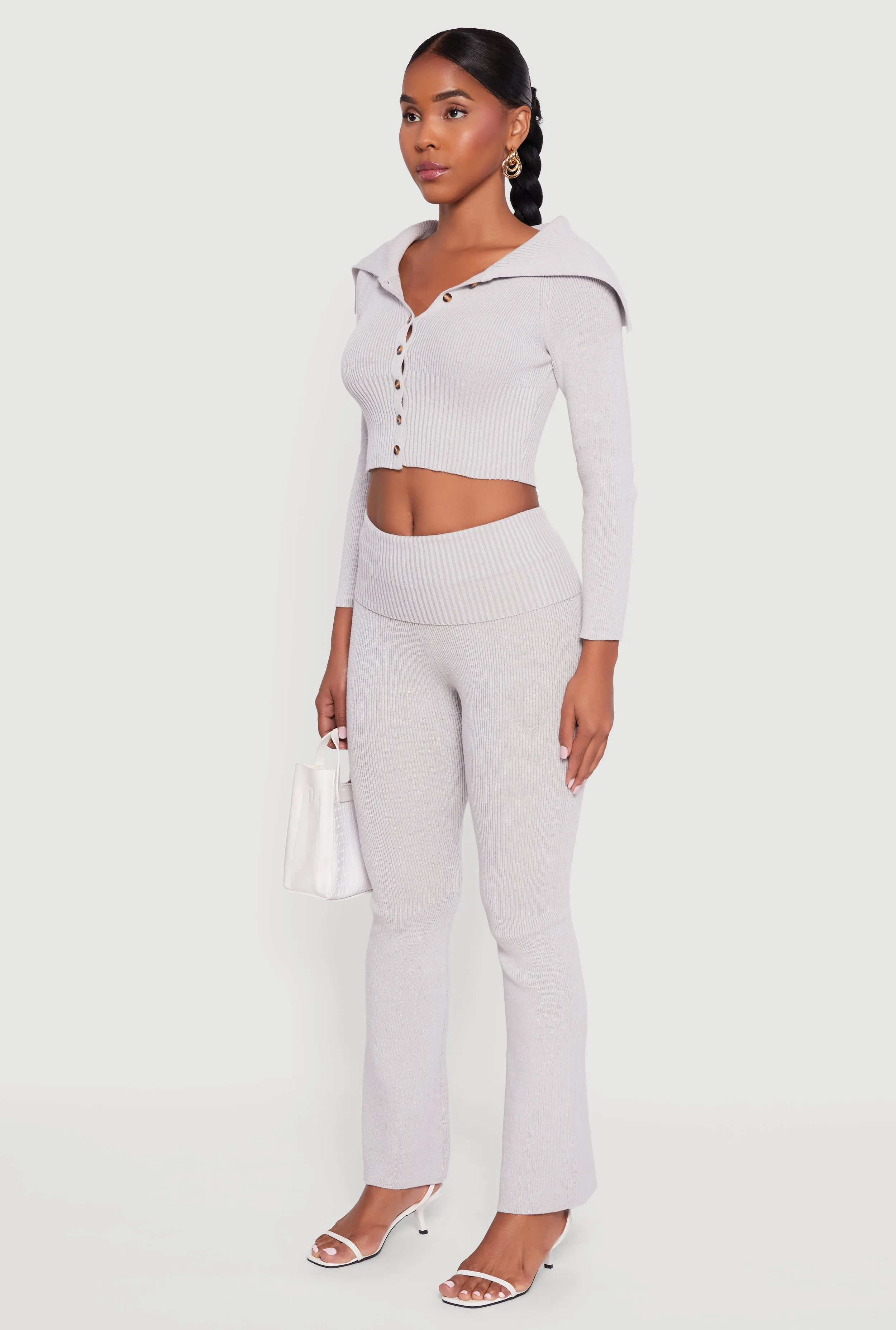 Fold Over Collar Ribbed Knit Button Front Sweater sold by Rainbow product image thumbnail 5