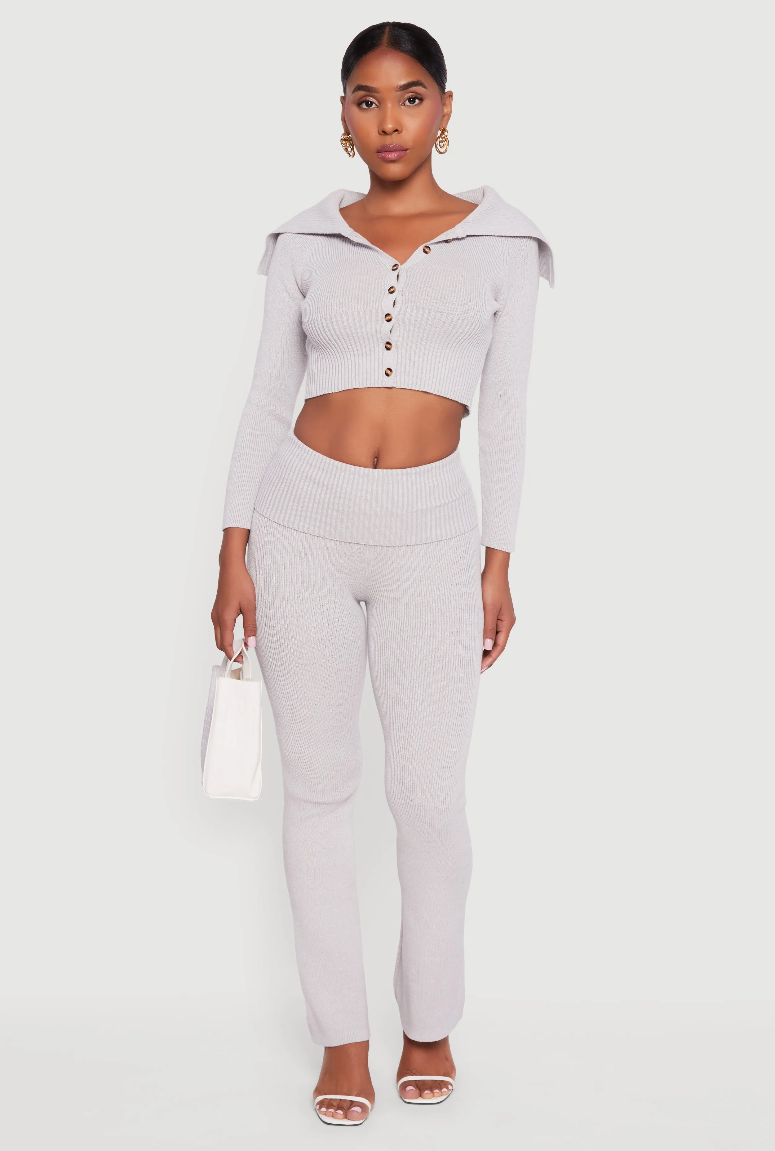 Fold Over Collar Ribbed Knit Button Front Sweater sold by Rainbow product image thumbnail 2