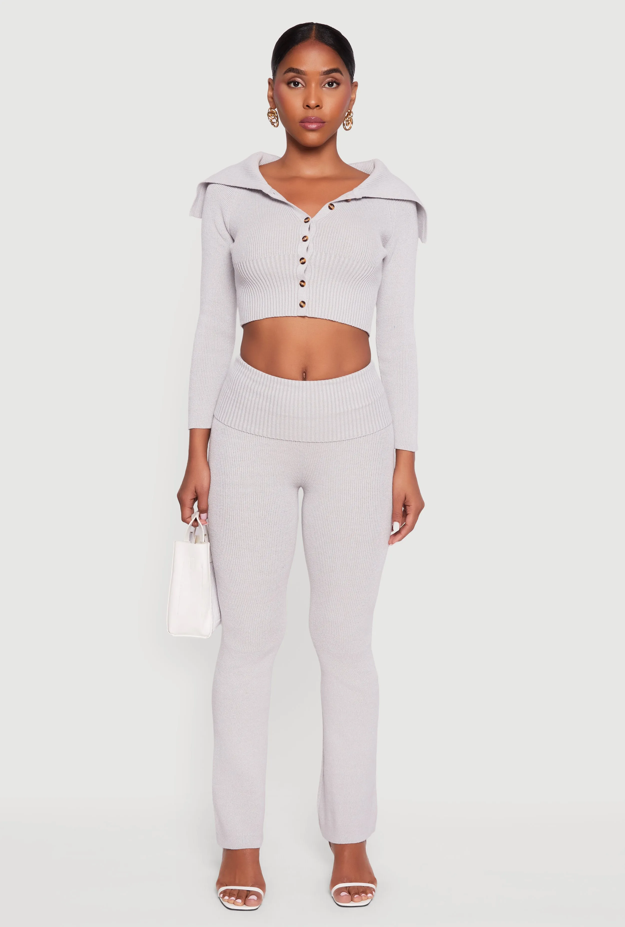 Fold Over Collar Ribbed Knit Button Front Sweater sold by Rainbow product image thumbnail 3