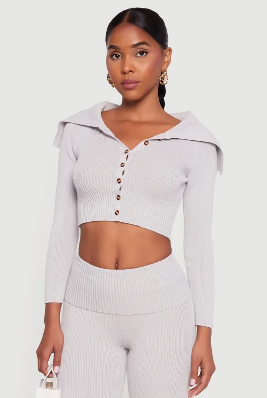 Fold Over Collar Ribbed Knit Button Front Sweater sold by Rainbow