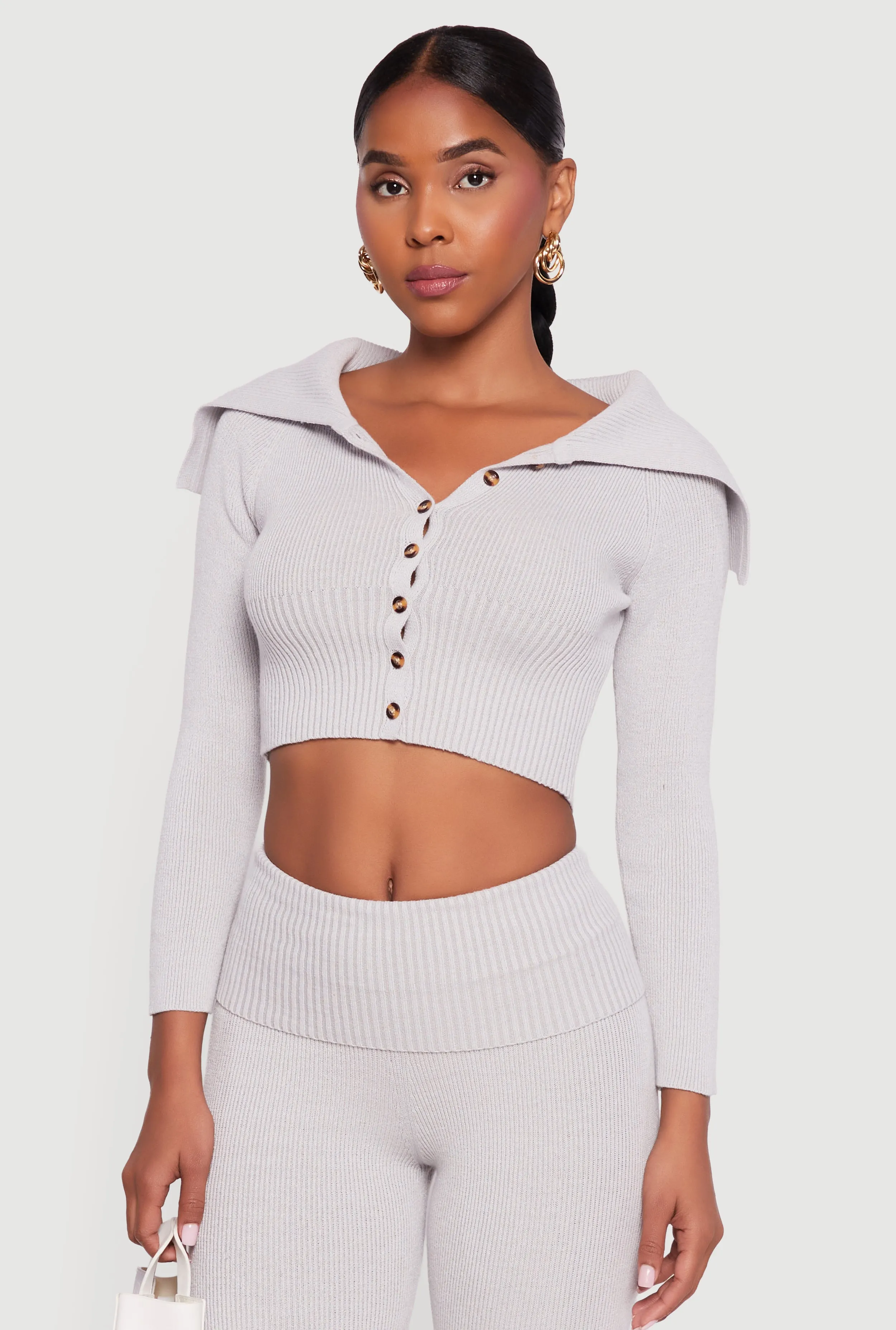 Fold Over Collar Ribbed Knit Button Front Sweater sold by Rainbow