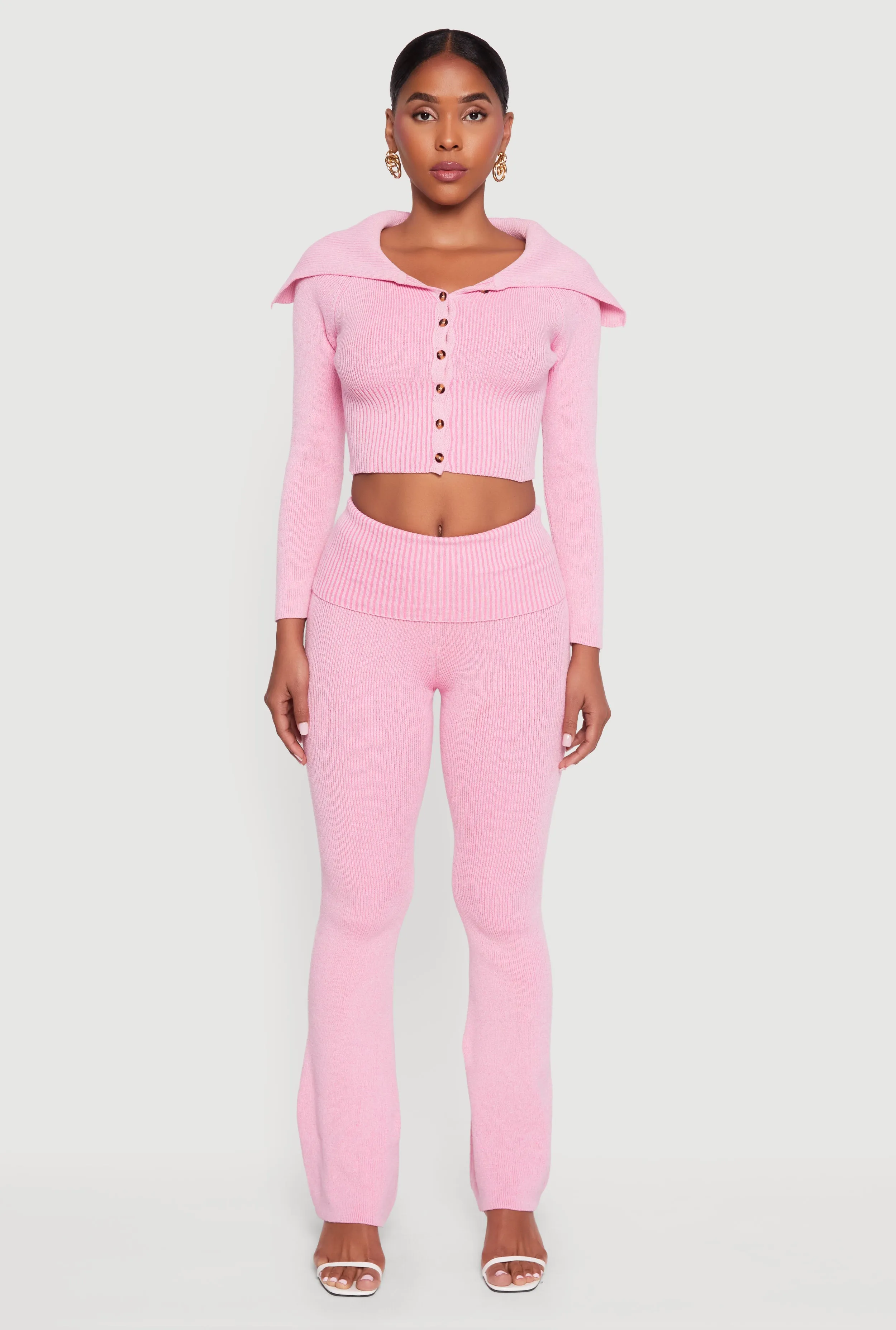 Fold Over Collar Ribbed Knit Button Front Sweater sold by Rainbow product image thumbnail 3