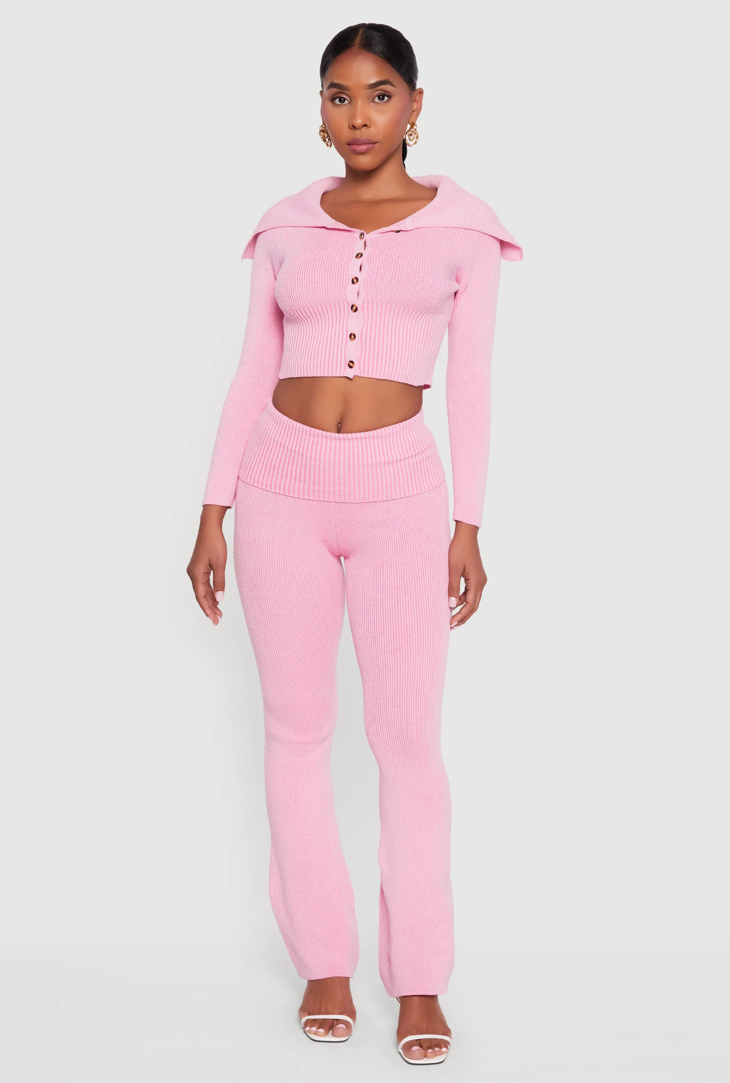 Fold Over Collar Ribbed Knit Button Front Sweater sold by Rainbow product image thumbnail 2