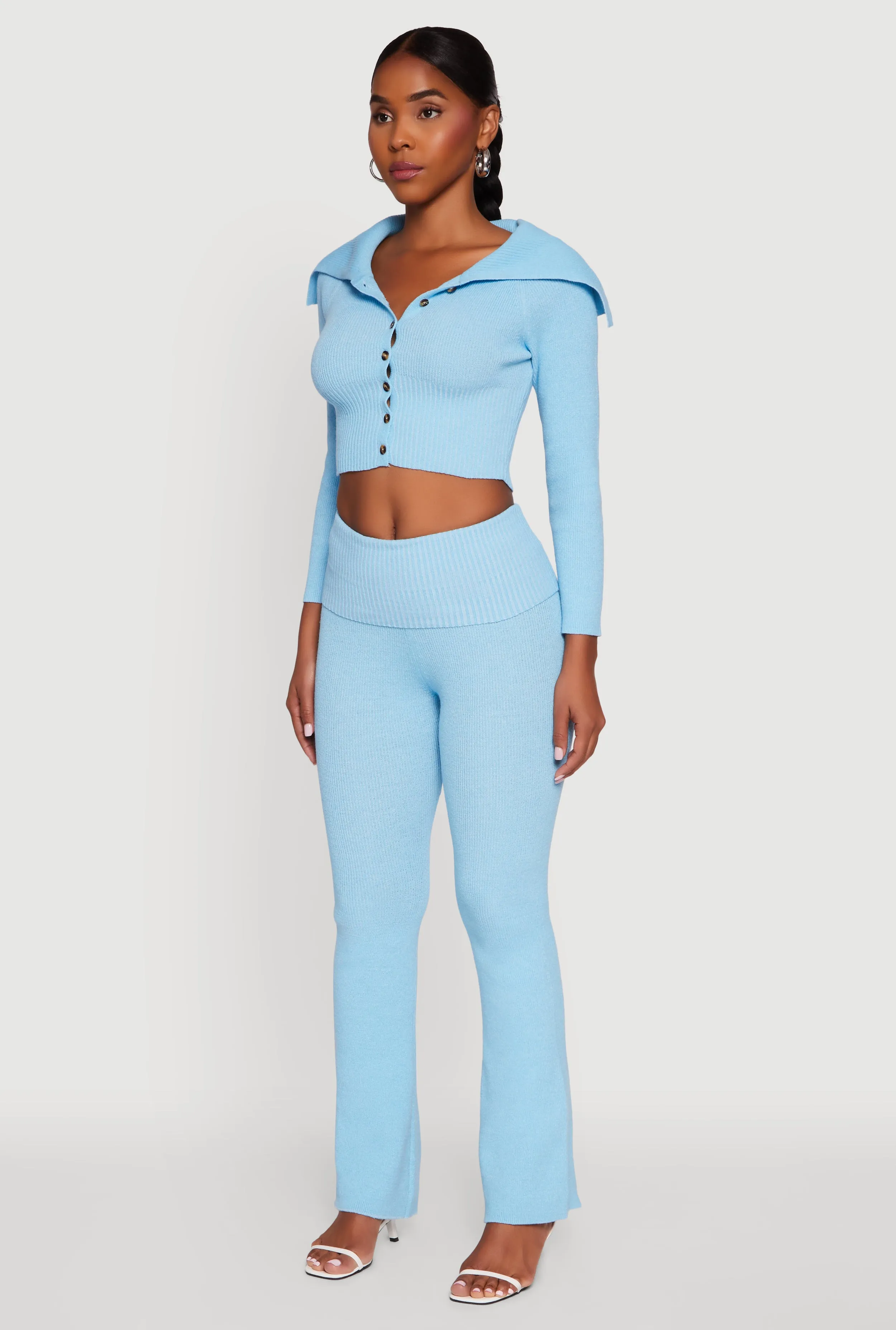 Fold Over Collar Ribbed Knit Button Front Sweater sold by Rainbow product image thumbnail 5