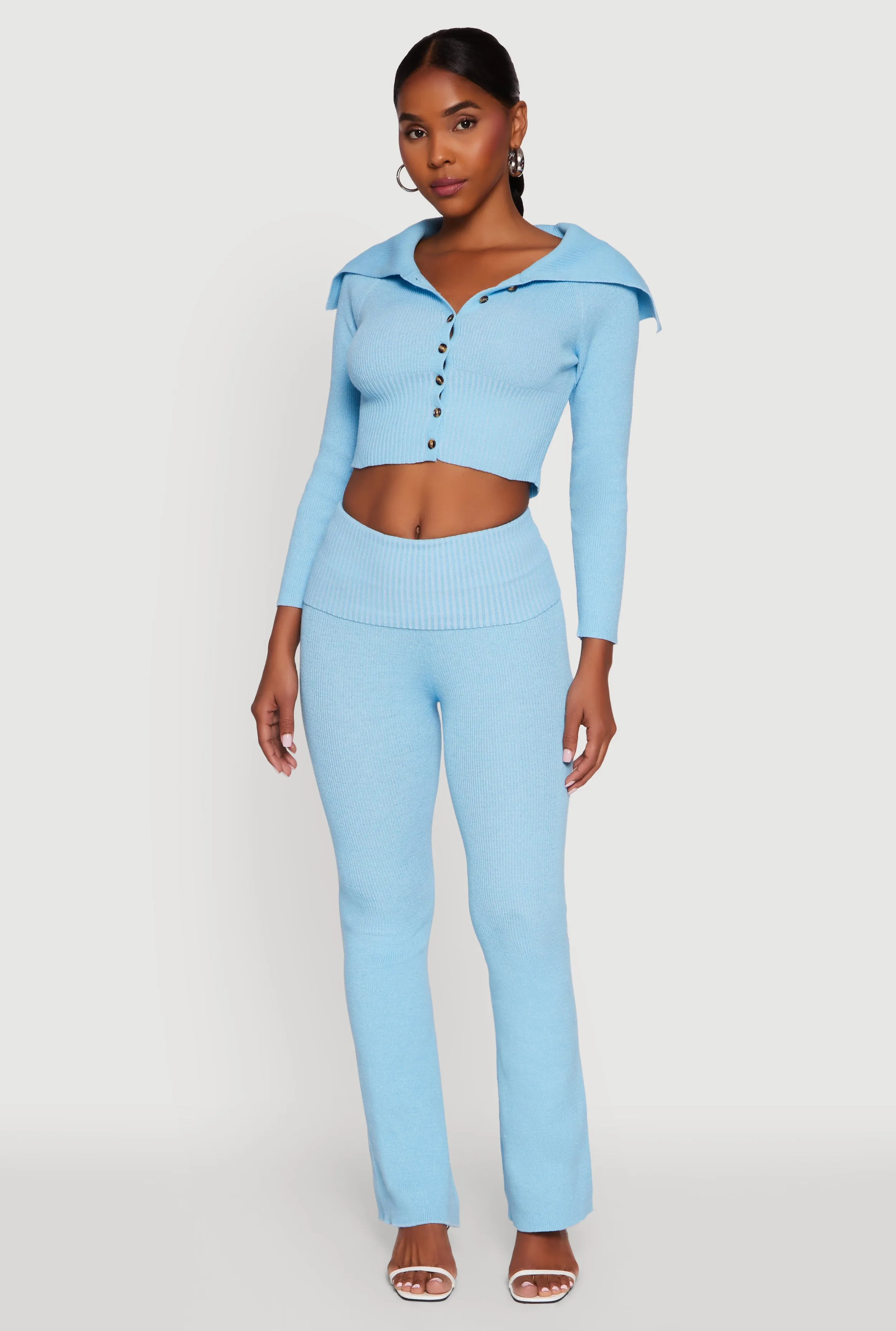 Fold Over Collar Ribbed Knit Button Front Sweater sold by Rainbow product image thumbnail 2