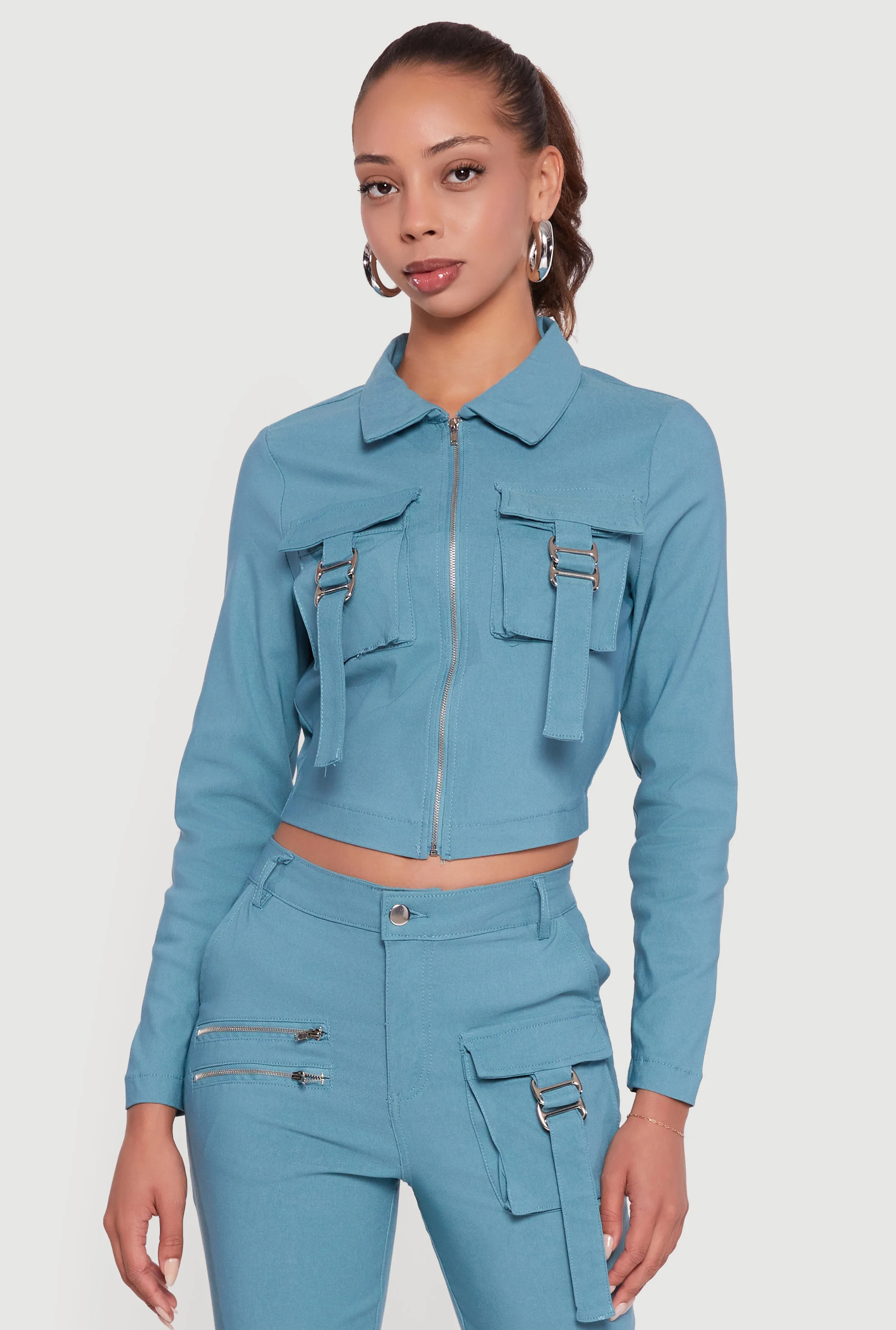 Hyper Stretch Cropped Zip Front Utility Jacket sold by Rainbow