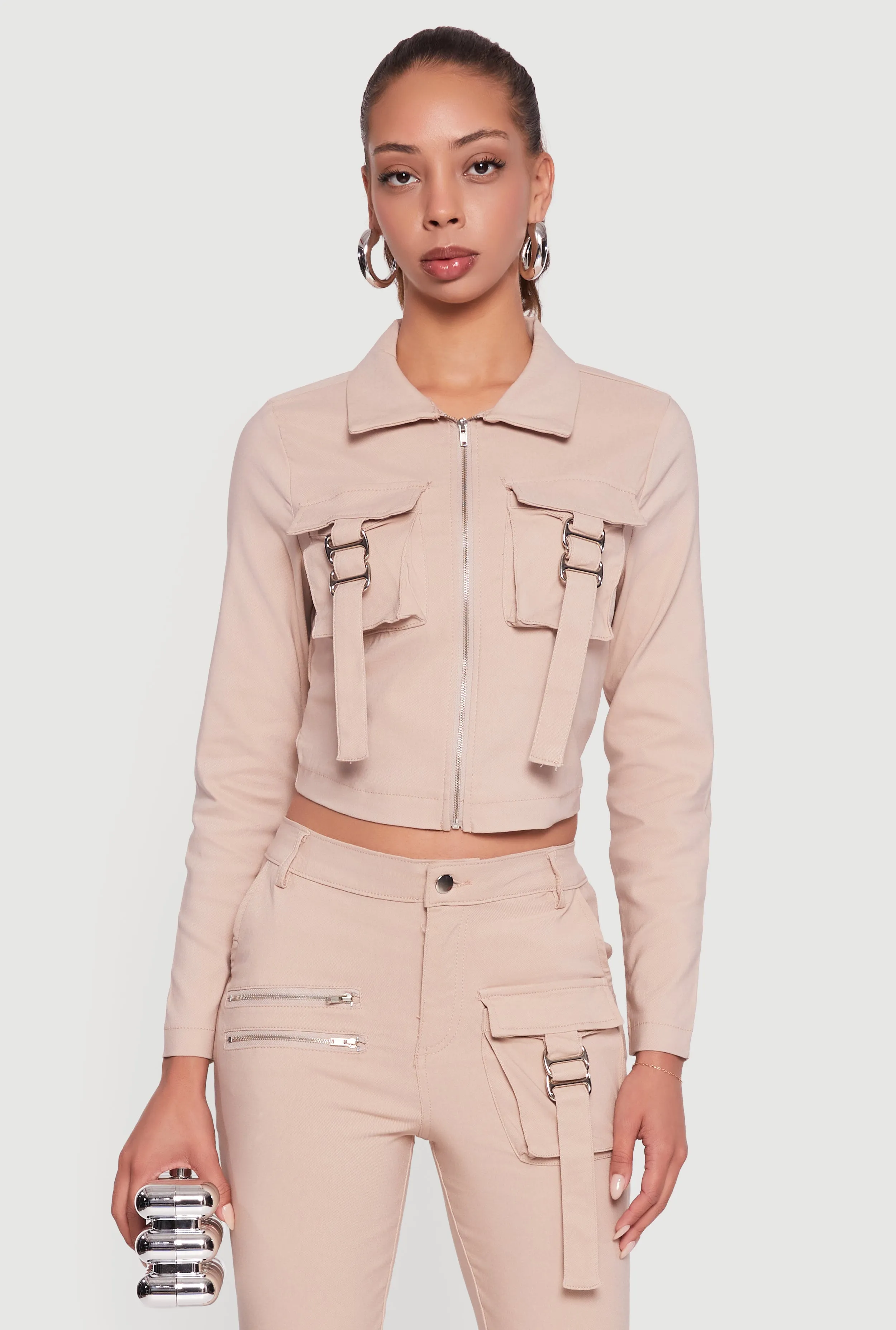 Hyper Stretch Cropped Zip Front Utility Jacket sold by Rainbow