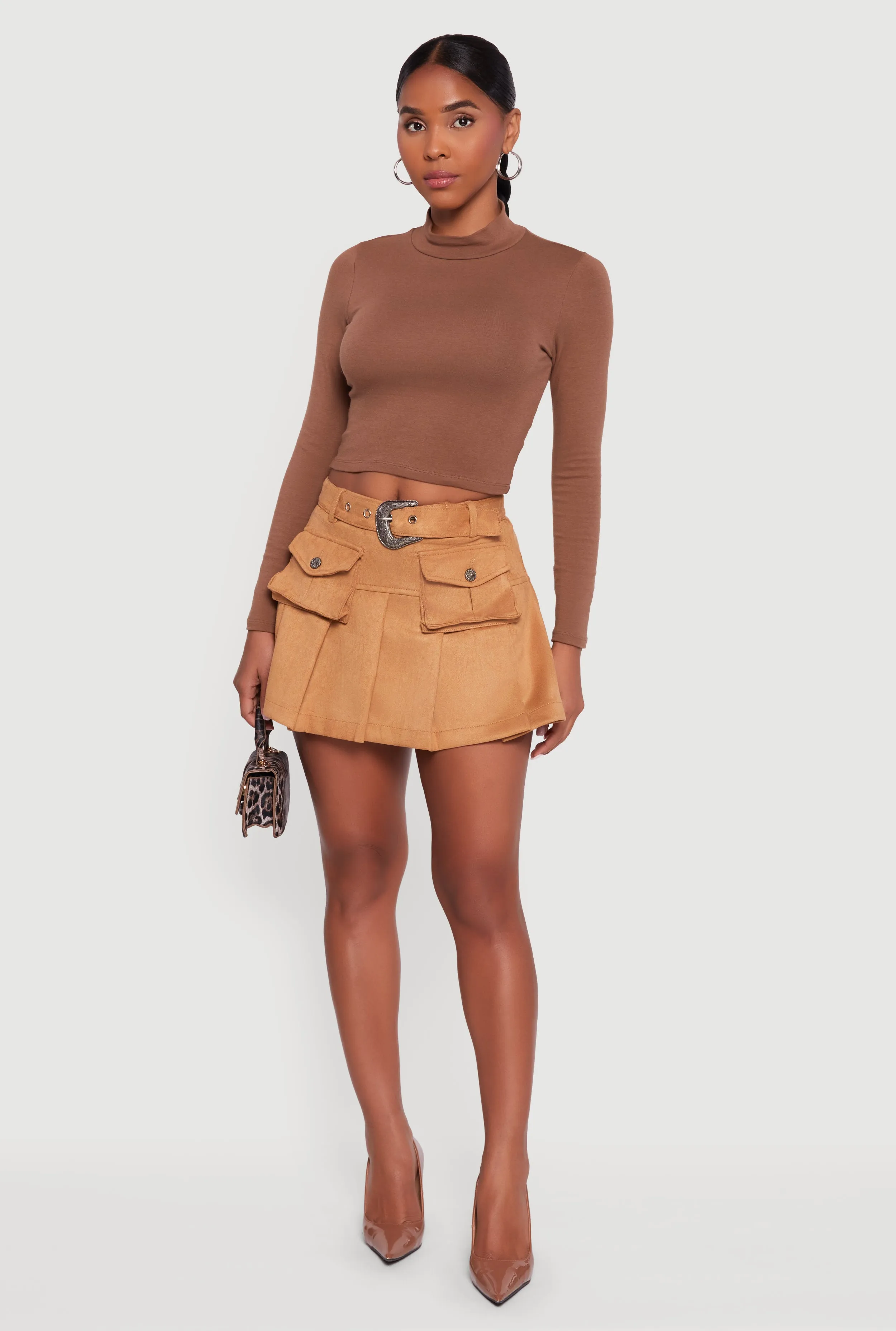 Faux Suede Pleated Cargo Skirt with Western Buckle Belt sold by Rainbow product image thumbnail 3