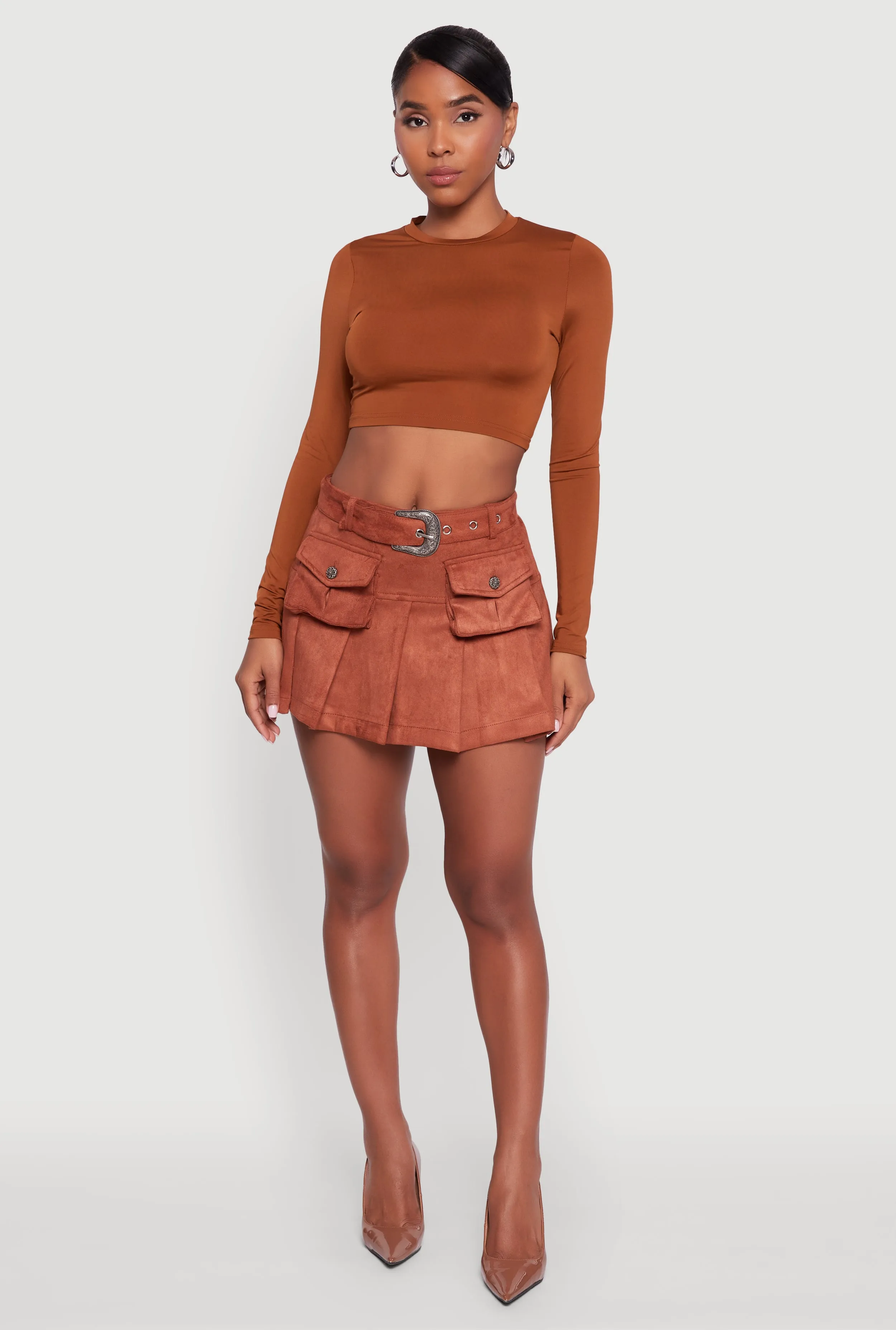 Faux Suede Pleated Cargo Skirt with Western Buckle Belt sold by Rainbow
