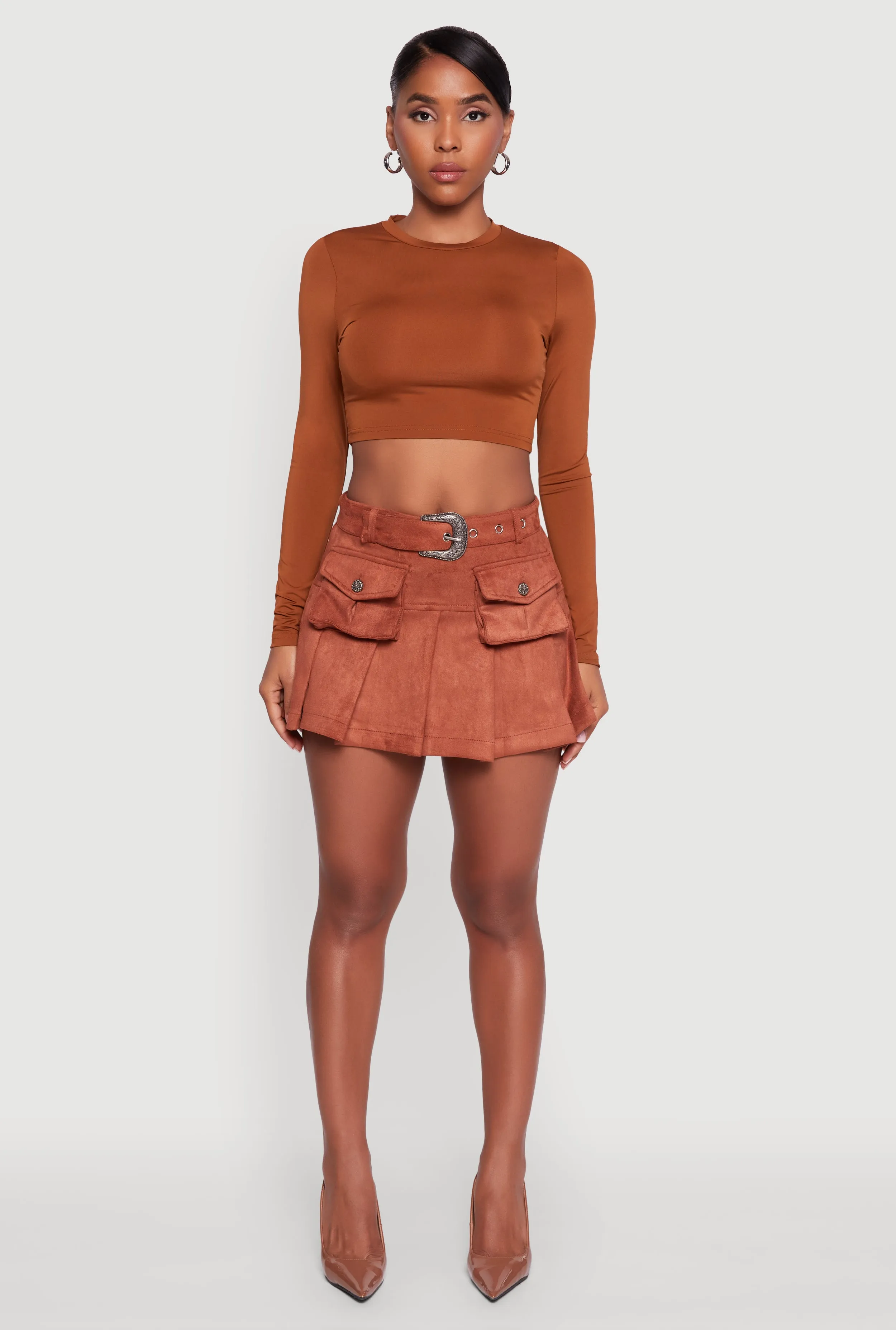 Faux Suede Pleated Cargo Skirt with Western Buckle Belt sold by Rainbow product image thumbnail 2