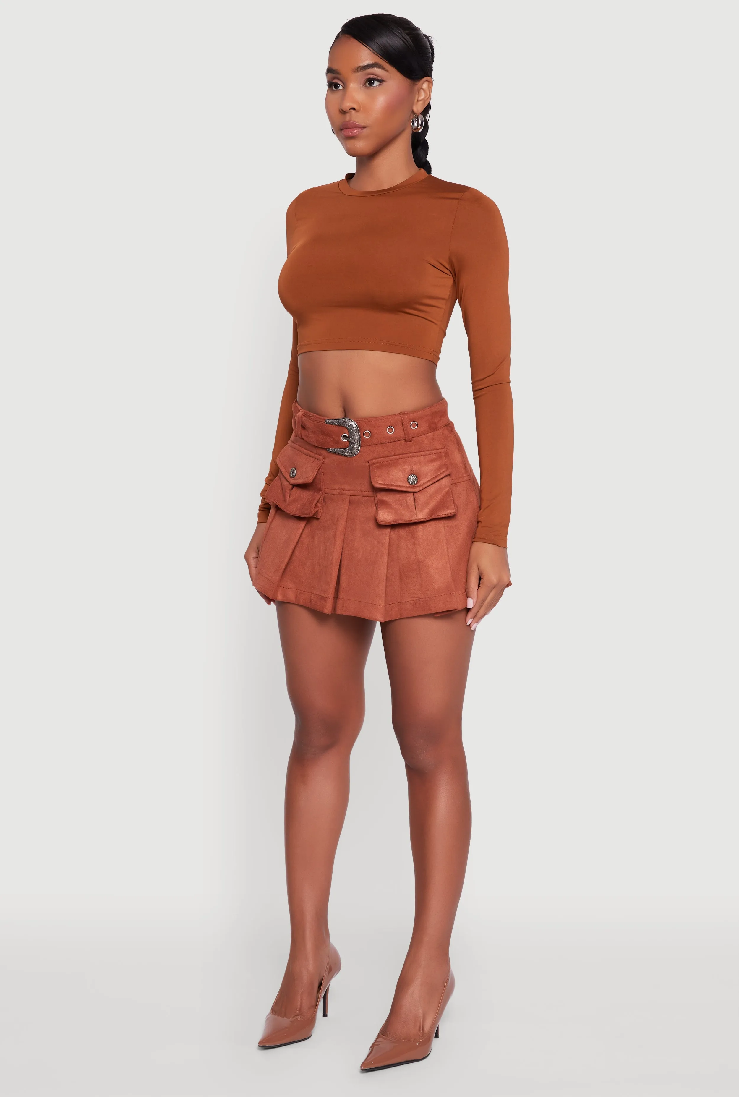 Faux Suede Pleated Cargo Skirt with Western Buckle Belt sold by Rainbow product image thumbnail 3