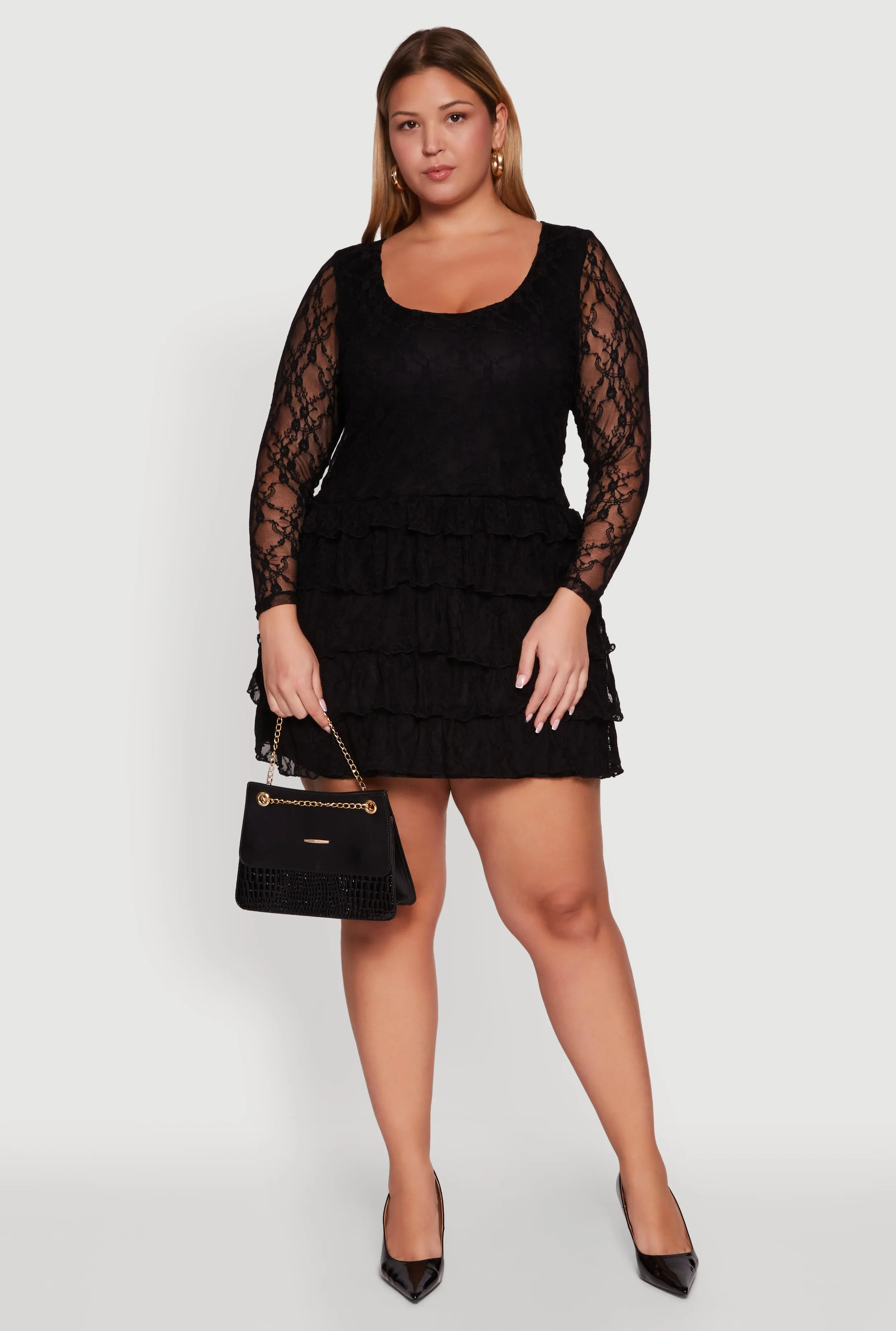 Plus Size Floral Lace Ruffle Tiered Keyhole Back Mini Dress sold by Rainbow