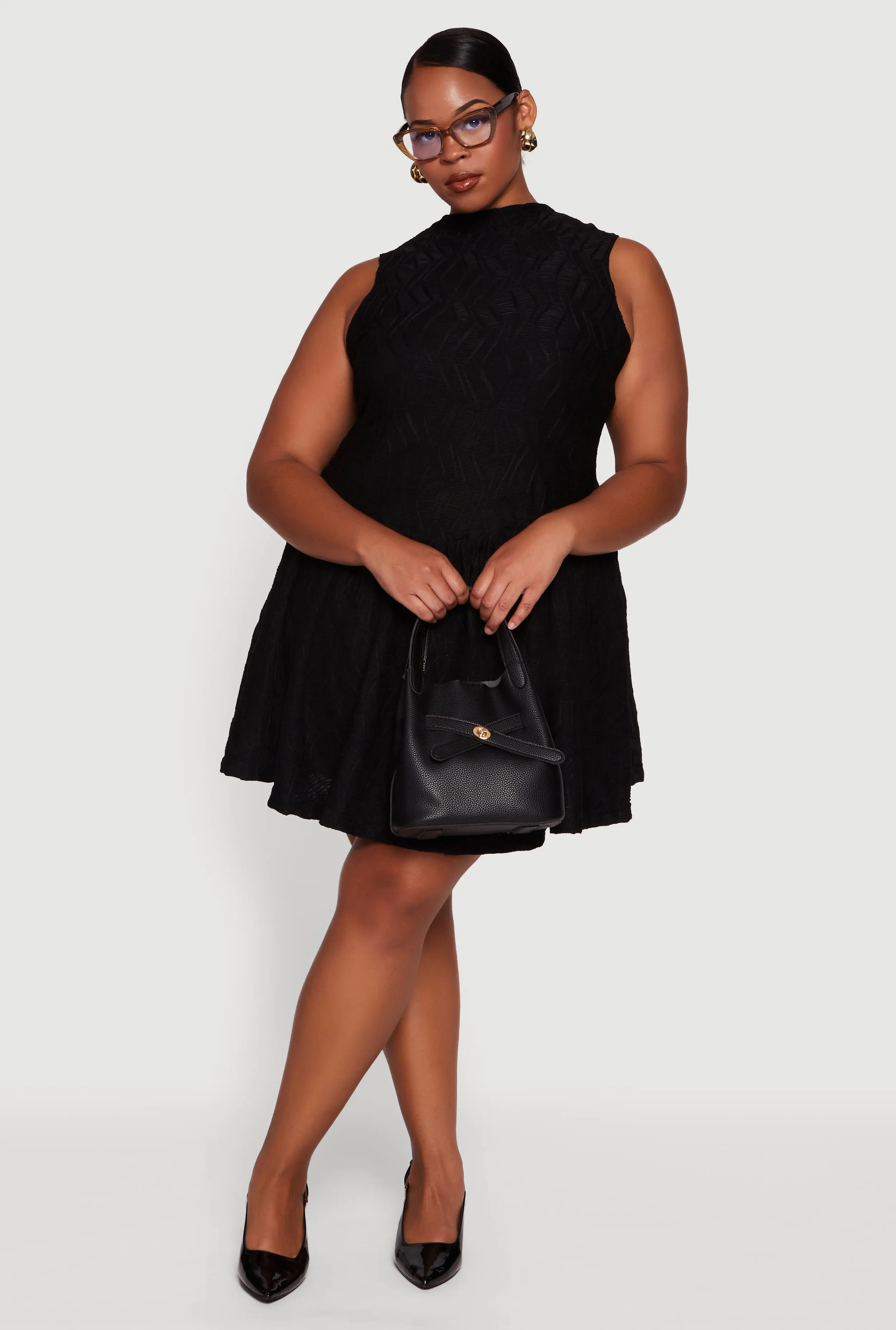 Plus Size Textured Knit High Neck Sleeveless Skater Dress sold by Rainbow