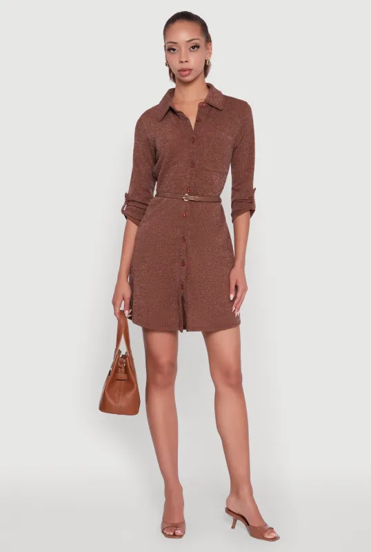 Marled Brushed Rib Knit Shirt Dress with Belt sold by Rainbow
