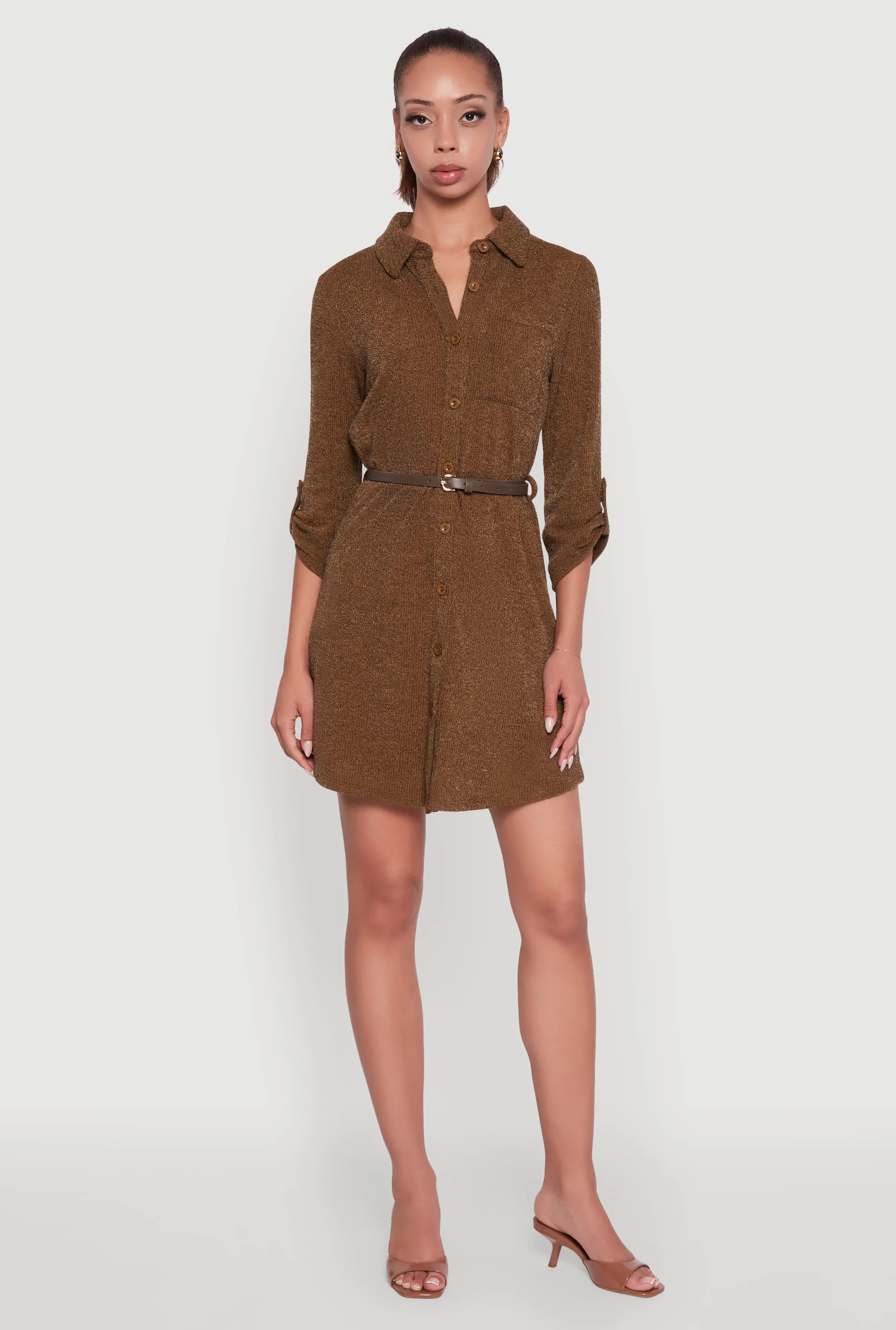 Marled Brushed Rib Knit Shirt Dress with Belt sold by Rainbow