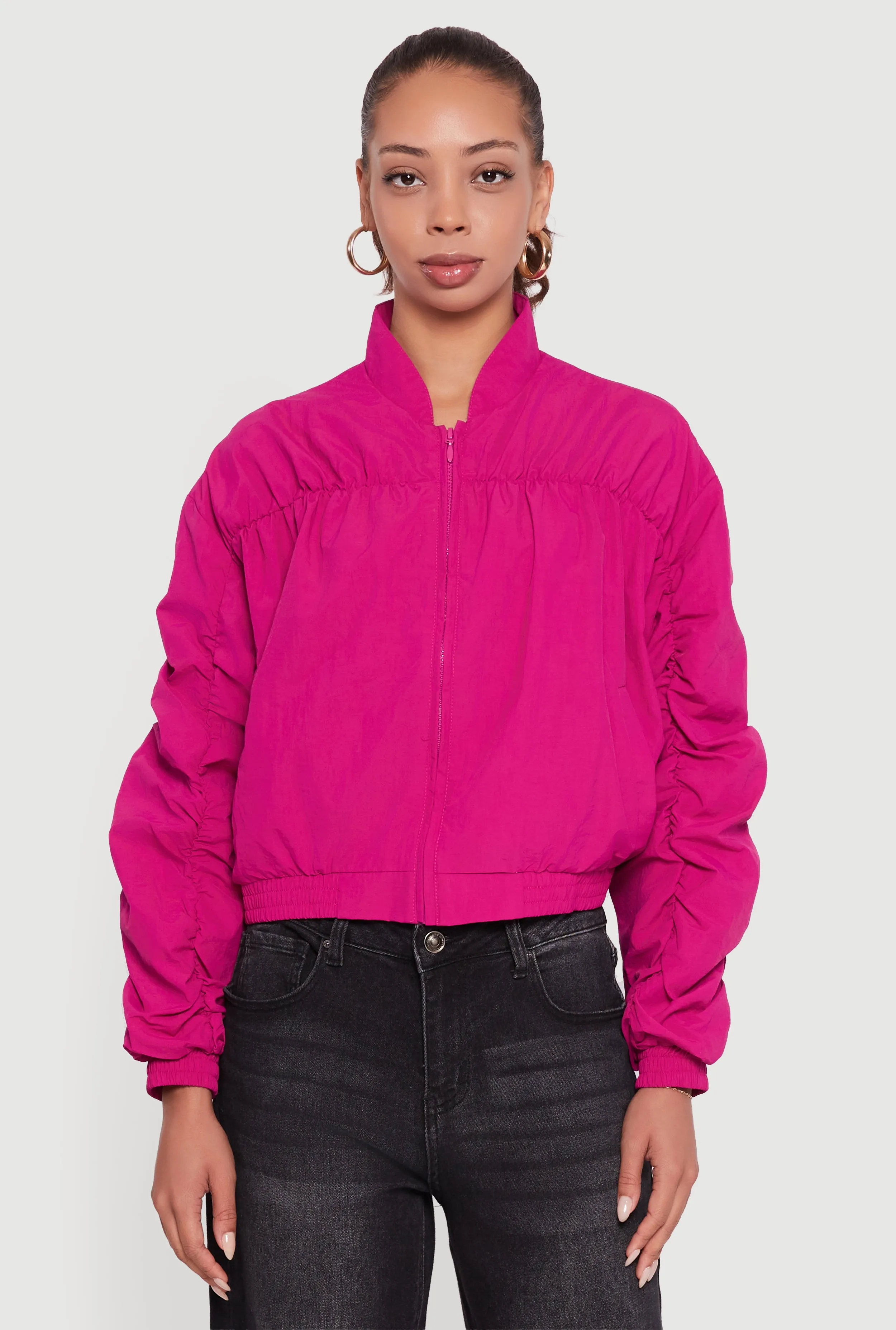 Ruched Long Sleeve Zip Front Windbreaker Jacket sold by Rainbow product image thumbnail 2