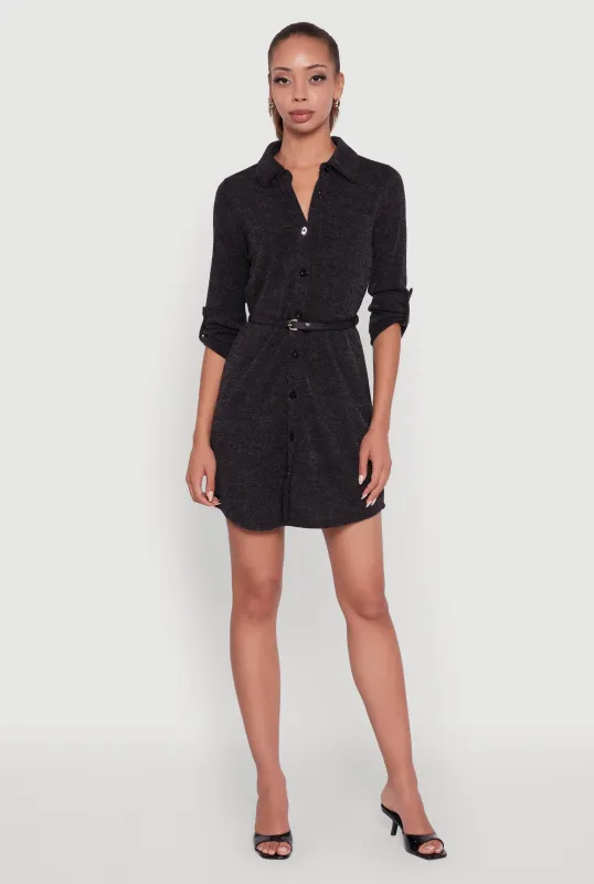 Marled Brushed Rib Knit Shirt Dress with Belt sold by Rainbow