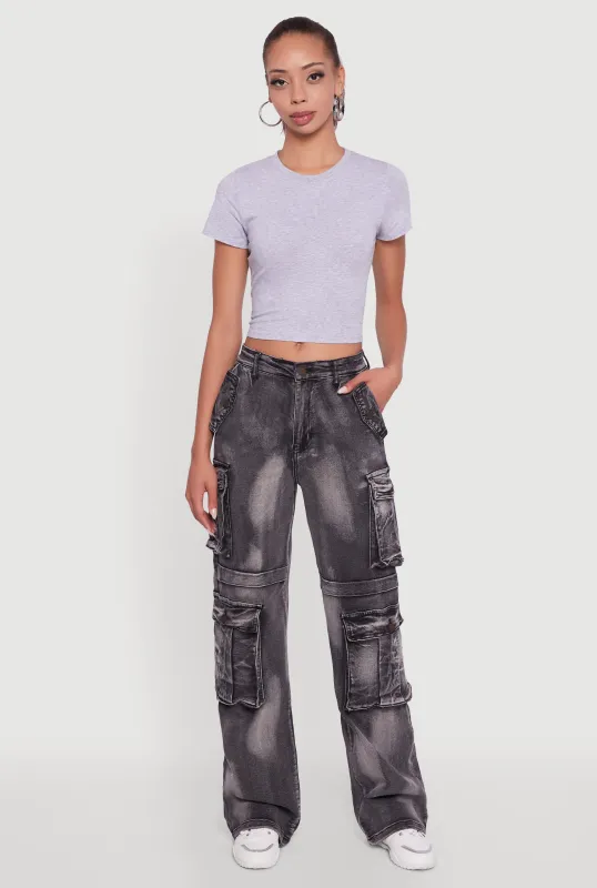 Whiskered Acid Wash Wide Leg Cargo Jeans sold by Rainbow