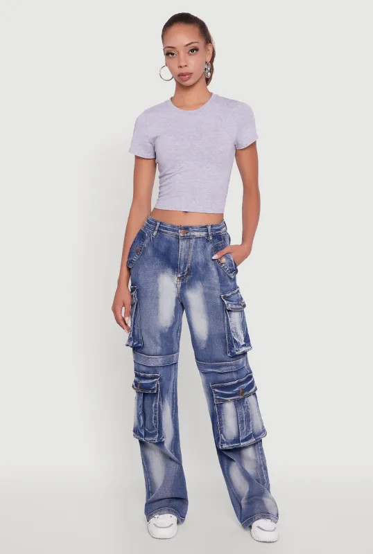 Whiskered Acid Wash Wide Leg Cargo Jeans sold by Rainbow