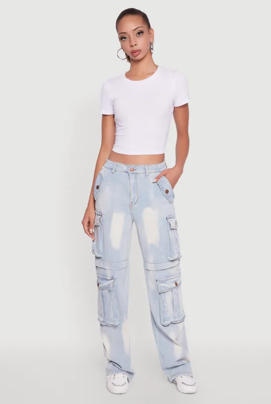 Whiskered Acid Wash Wide Leg Cargo Jeans sold by Rainbow