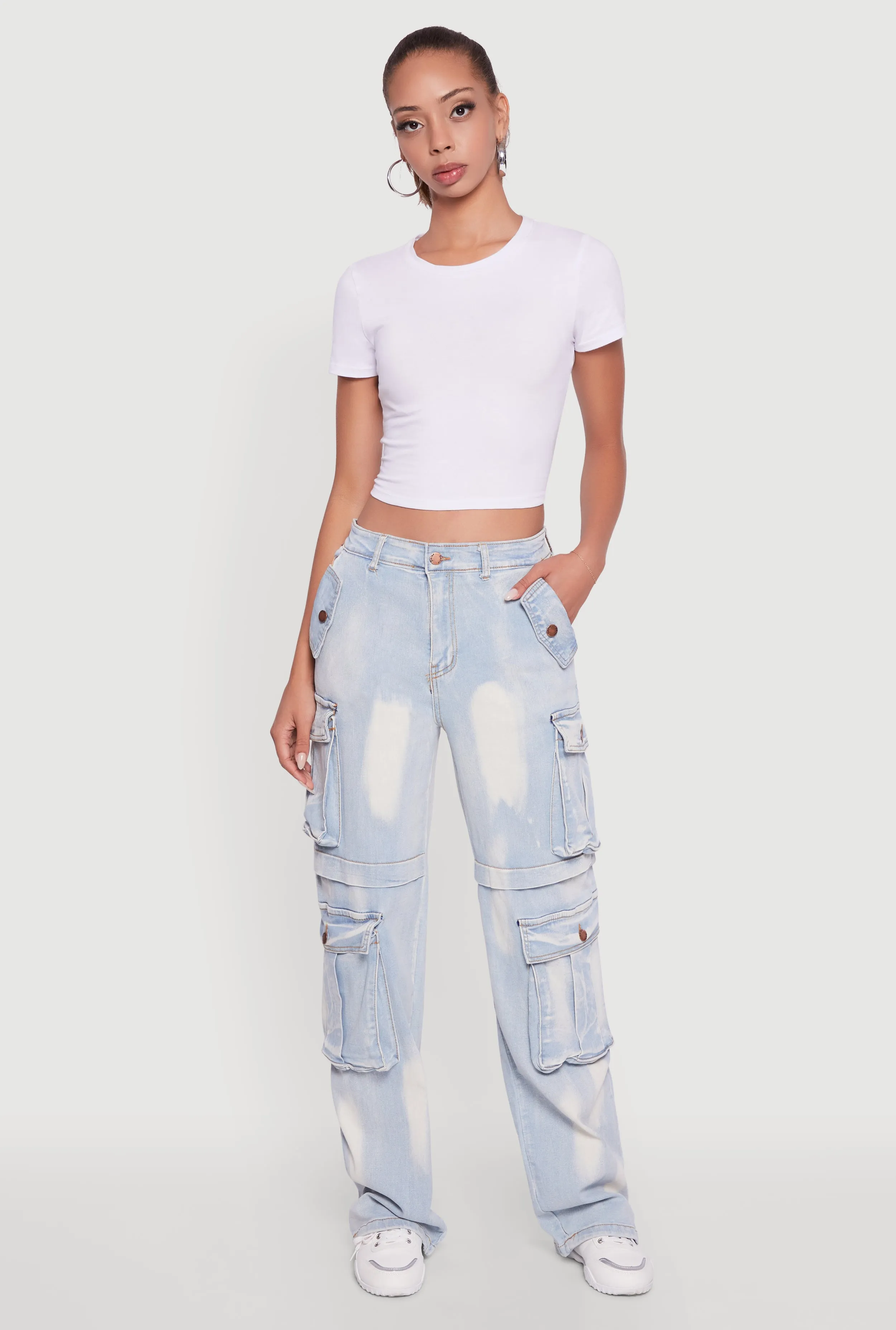 Whiskered Acid Wash Wide Leg Cargo Jeans sold by Rainbow