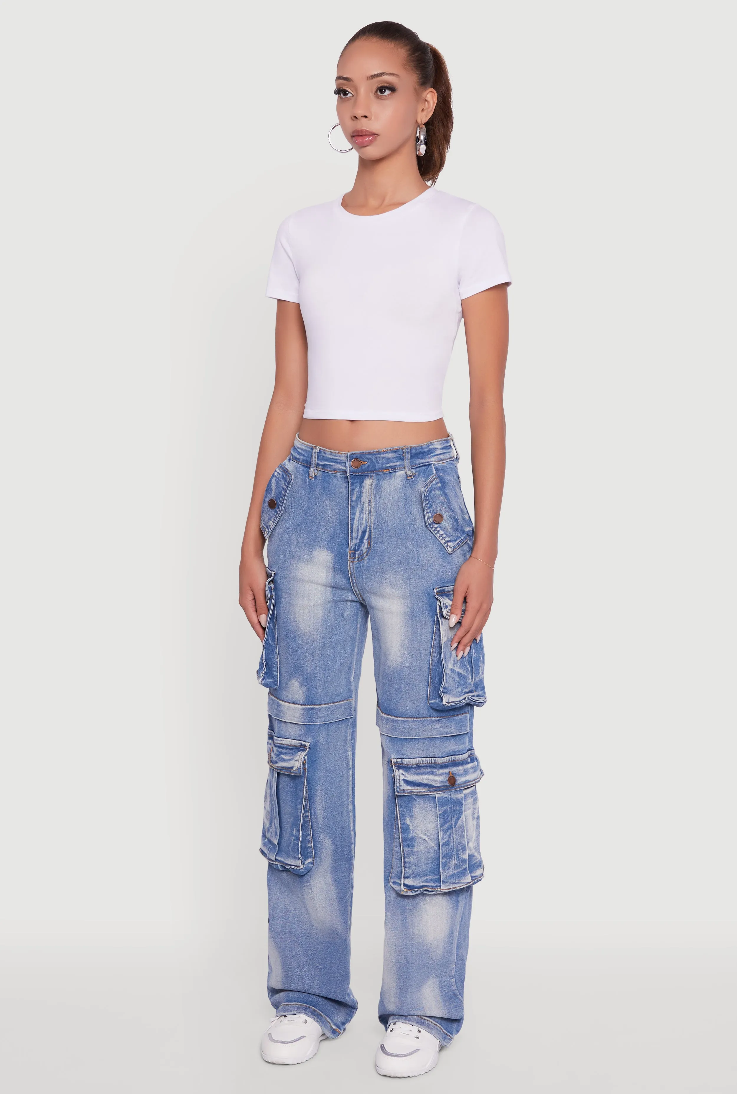 Whiskered Acid Wash Wide Leg Cargo Jeans sold by Rainbow product image thumbnail 3