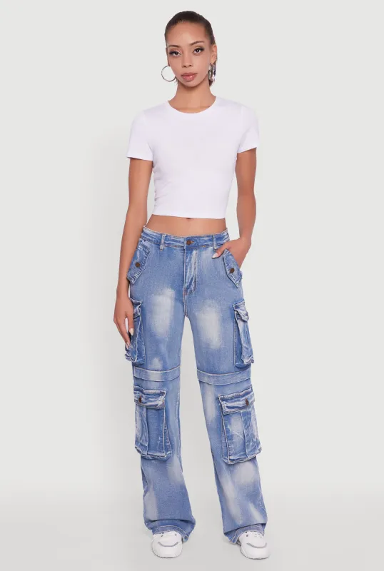 Whiskered Acid Wash Wide Leg Cargo Jeans sold by Rainbow