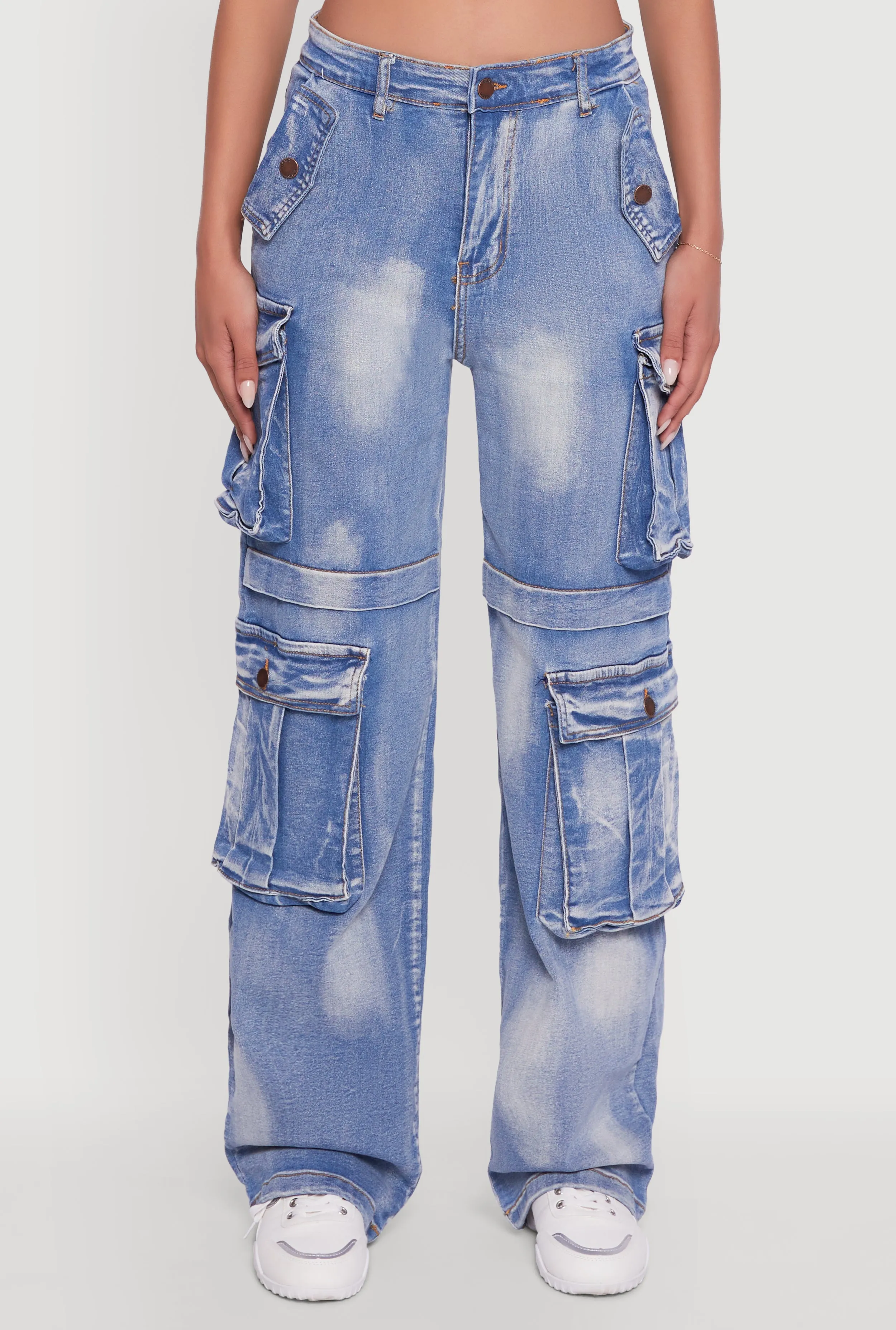 Whiskered Acid Wash Wide Leg Cargo Jeans sold by Rainbow product image thumbnail 5