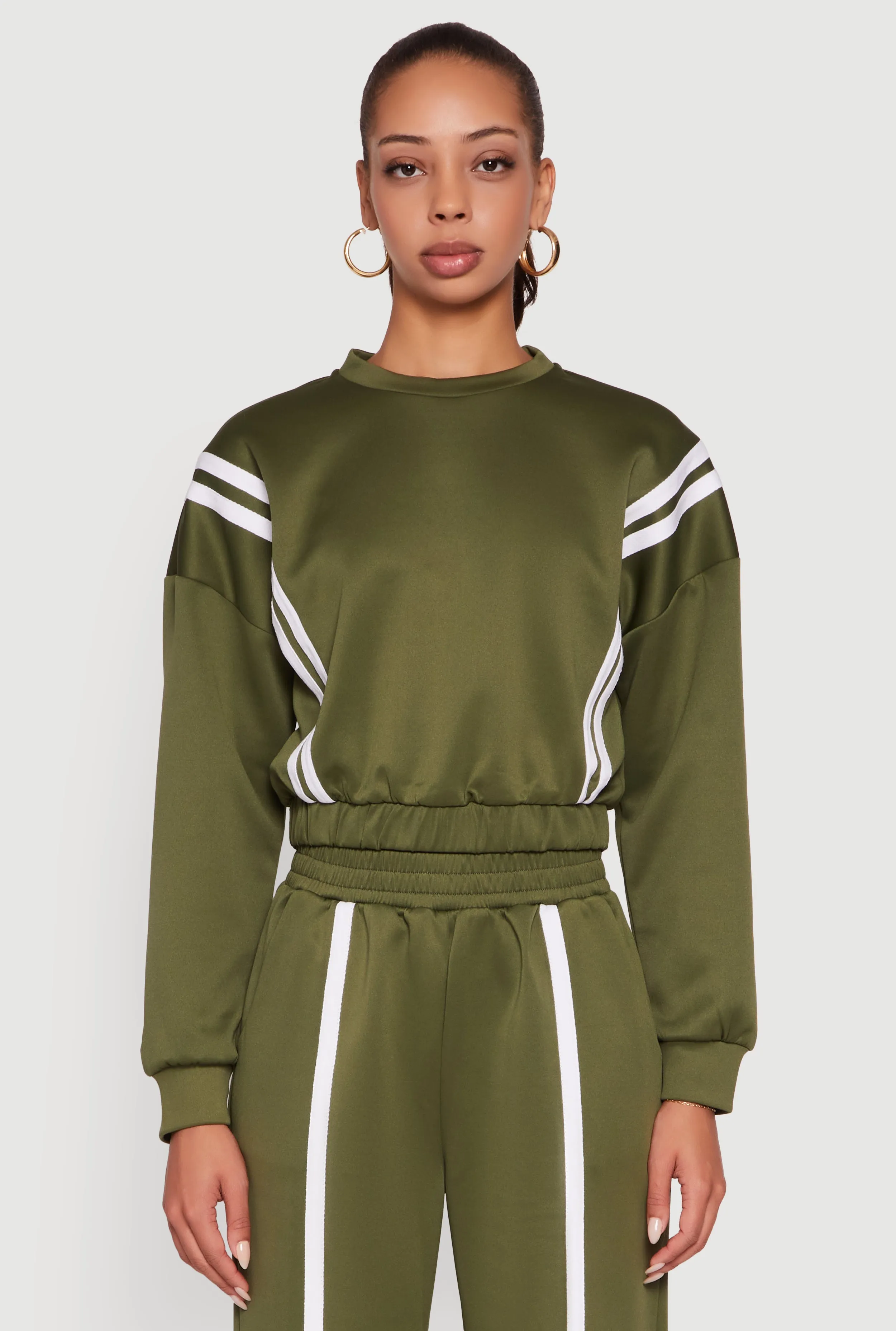 Varsity Stripe High Neck Elastic Hem Pullover Top sold by Rainbow