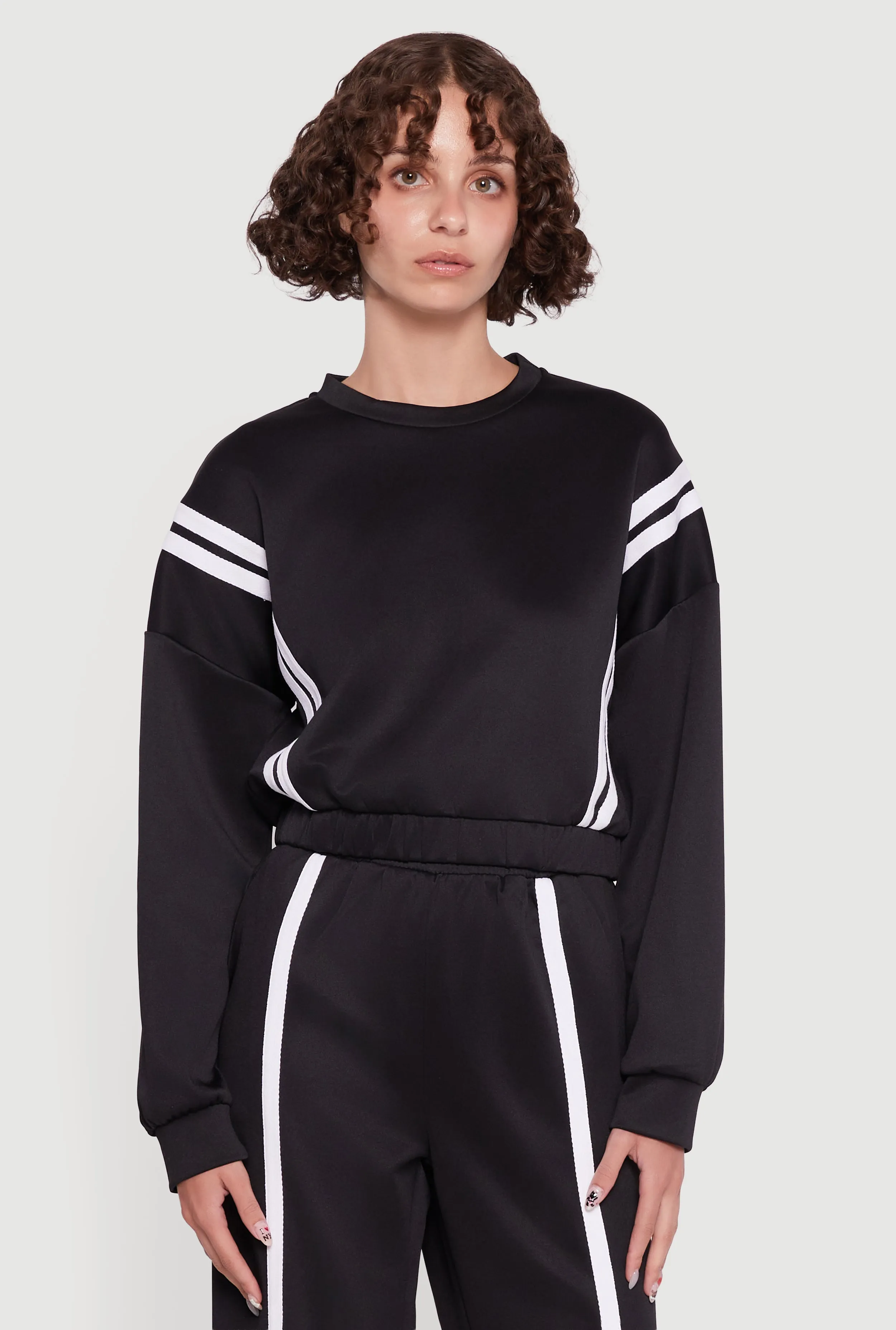 Varsity Stripe High Neck Elastic Hem Pullover Top sold by Rainbow