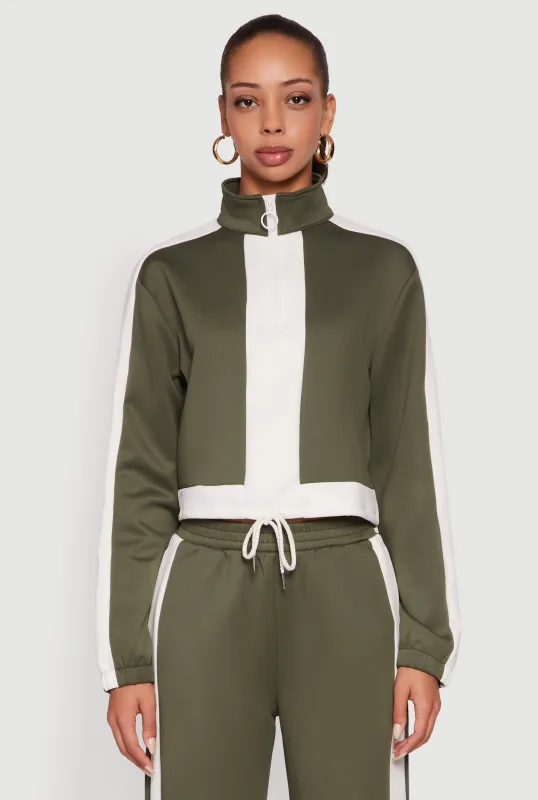 Contrast Trim Half Zip Drawstring Hem Pullover Top sold by Rainbow