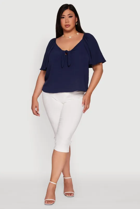 Plus Size Tie Front V Neck Flutter Sleeve Blouse sold by Rainbow